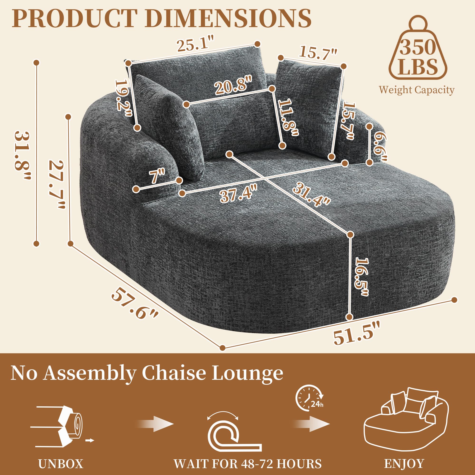 Gemütliche Chaiselongue aus Chenille-Stoff, übergroßes, geschwungenes Akzentsofa mit 4 Zierkissen, modernes Polstersofa für Wohnzimmer, Schlafzimmer oder Wohnung (Grau)