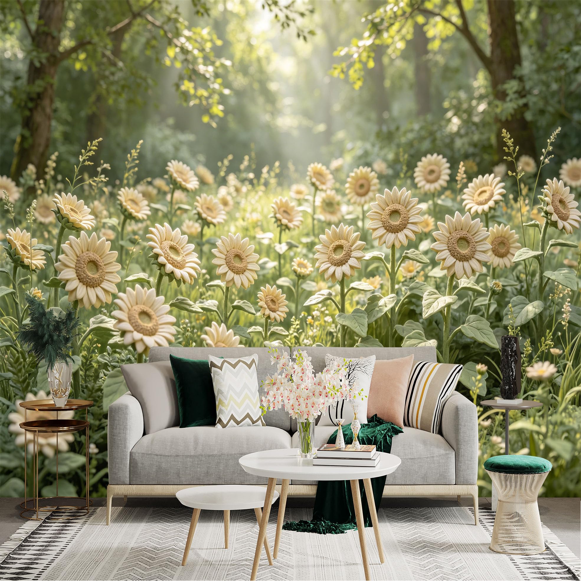 Lnzczhyre Dbh260521370 Custom Size Wall Sticker Mural， Sunlit Sunflower Field， Blooming Flowers In Forest， Soft Morning Light， Botanical Garden View， For Wall Decoration， Peelandstick Wall Decals.