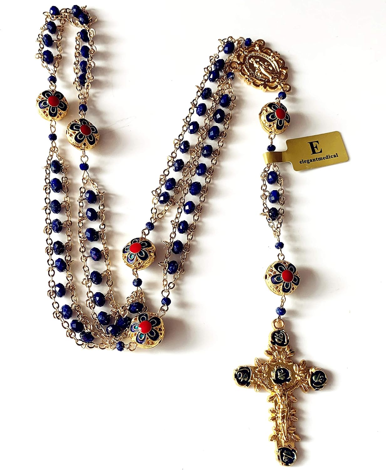 elegantmedical handmade Gold Ladder to Heaven Lapis Lazuli & Enamel Beads Catholic Rosary crucifix Necklace - Image 9
