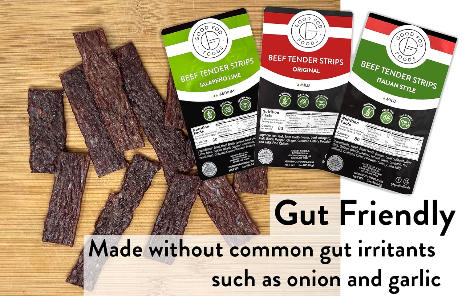 Good Fod Foods Tender Beef Jerky Steak Strips – Low FODMAP, Keto Snacks, Gluten-Free, Sugar-Free Jerky, No Nitrites, No Nitrates, 100% USA Beef (3 Ounce, Original) (Pack of 2)