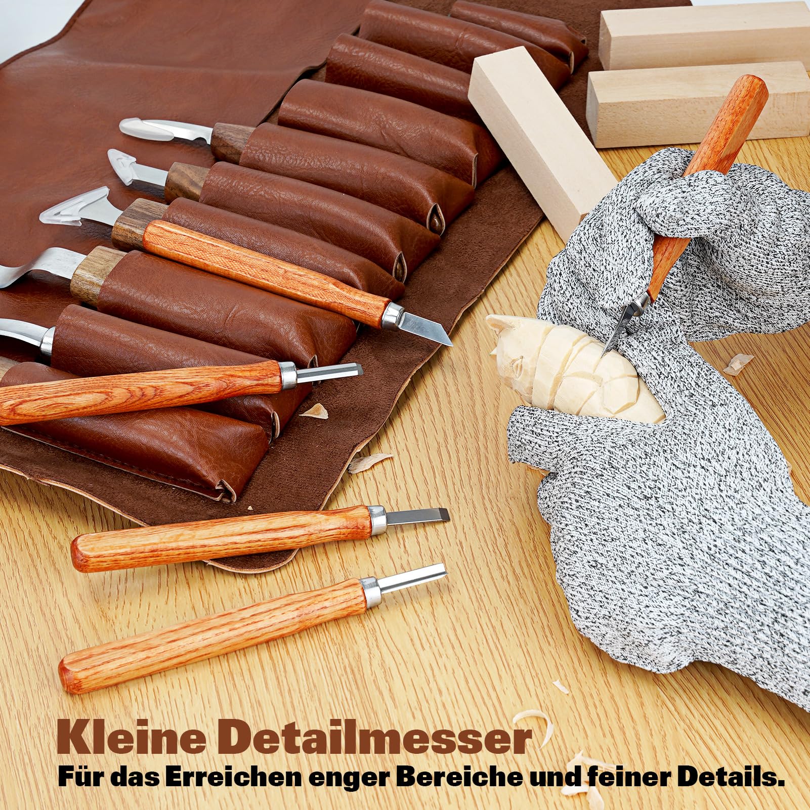 Holzschnitzwerkzeuge, 15-teiliges Holzschnitzset mit PU-Aufbewahrungstasche, Holzschnitzset mit 6 Schnitzmessern und 5 Detail-Schnitzmessern für Erwachsene, Holzschnitz-DIY，kürbis schnitzset