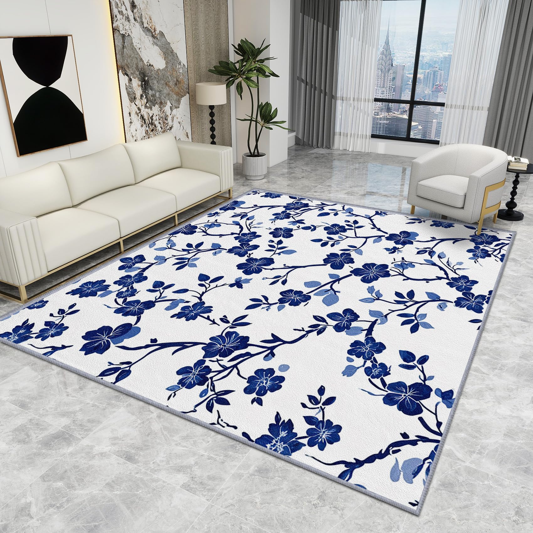 Floral Rugs for Living Room - Floral Rug - Blue and White Flower Botanical Rugs, Traditional Navy Carpet, Washable Rug Non Slip Low Pile Soft Large Area Rugs, Floral Home Decor Gifts, 120 X 180 cm