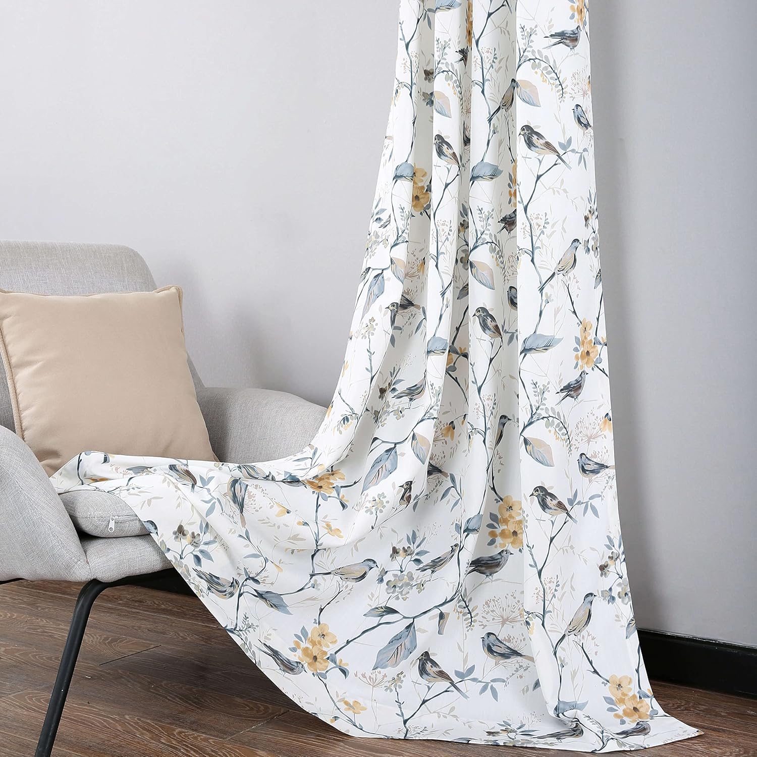 Leeva Window Treatment Curtain for Dorm and Sliding Door, Classic Birds and Leaves Print Pattern Bedroom Grommet Top Drapes for Living Room, 2 Panels, 52 x 96