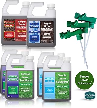 Simple Lawn Solutions - Ryan Knorr - Lawn Essentials Bundle Box - 6 Piece Set- Lawn Food 16-4-8 NPK, Lawn Energizer Booster, Root Hume- Humic Acid, Soil Hume- Seaweed, Humic Acid (32 Ounce Bundle)