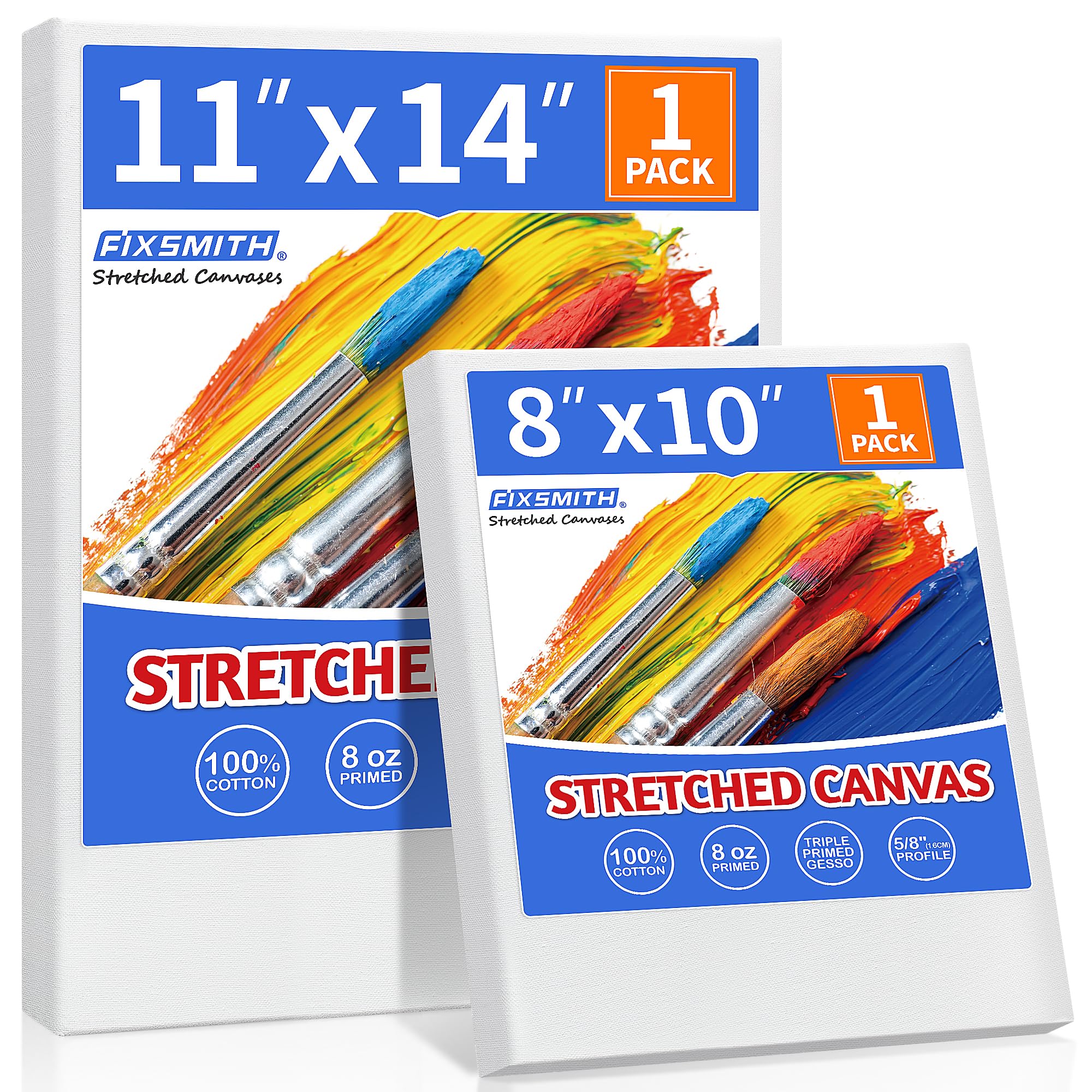 FIXSMITH Stretched Canvas for Painting, 8"x10", 11"x14", Pack of 2, Pre-Primed Canvases Wood Framed, Blank White Painting Canvas Boards for Acrylic, Oil and Gouache Painting