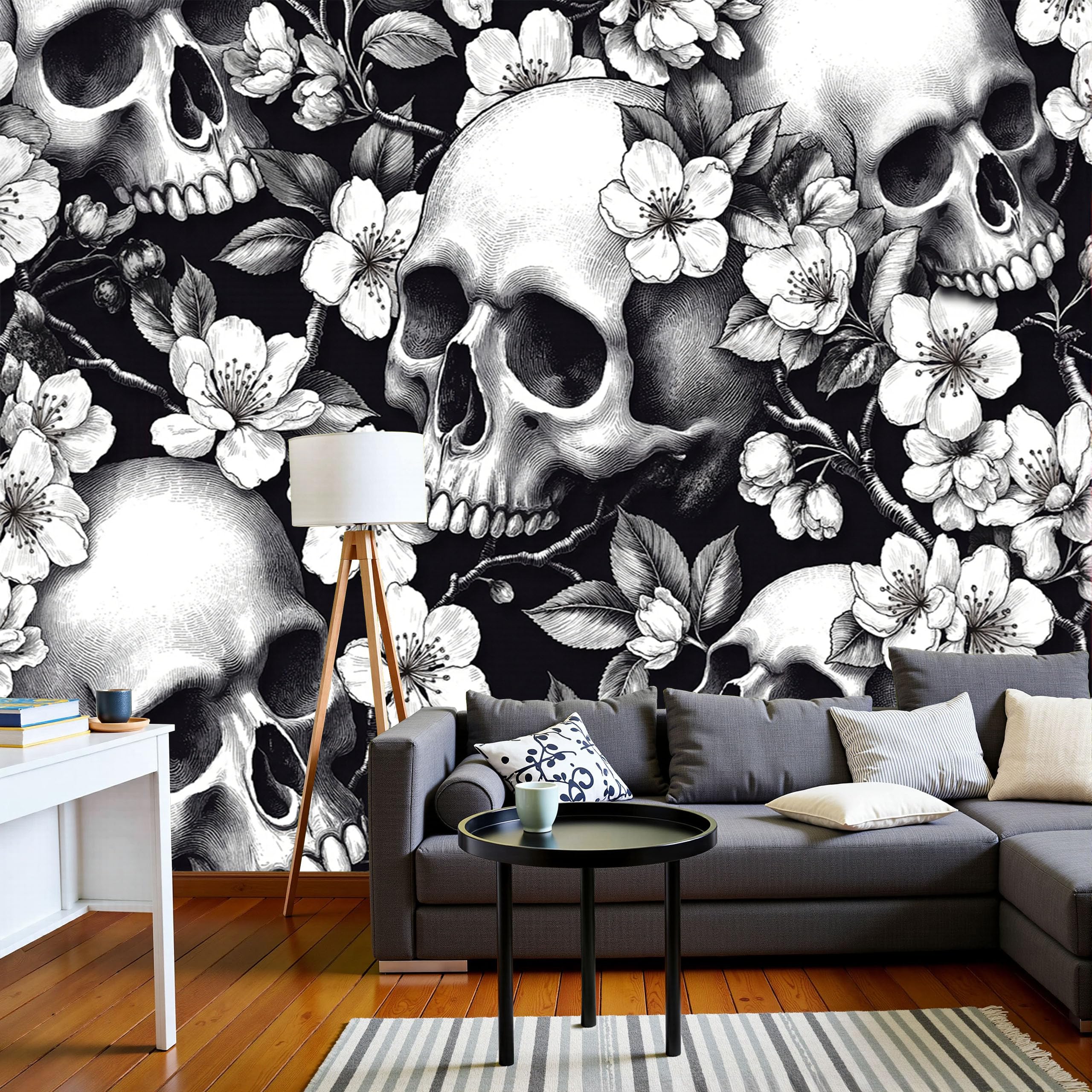 Papier peint crâne fleur de cerisier panoramique 250x175cm en soie noir et blanc
