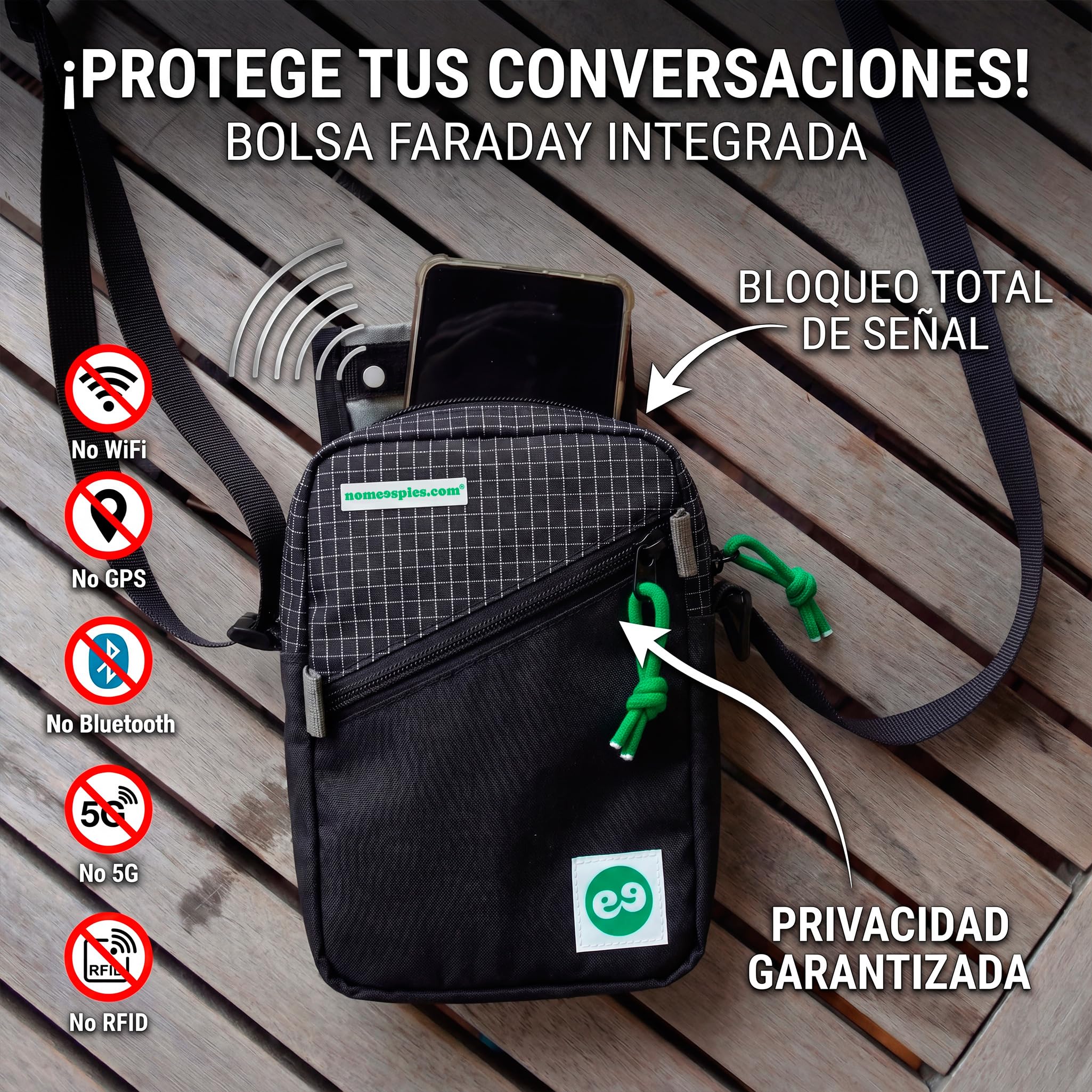 Bolso Faraday Anti-escucha Móvil y Anti-espionaje | Bandolera Unisex con Bolsillo que Impide que te Escuchen (GPS/WiFi/5G/RFID) | Mochila Techwear Impermeable Antirrobo 1.5L
