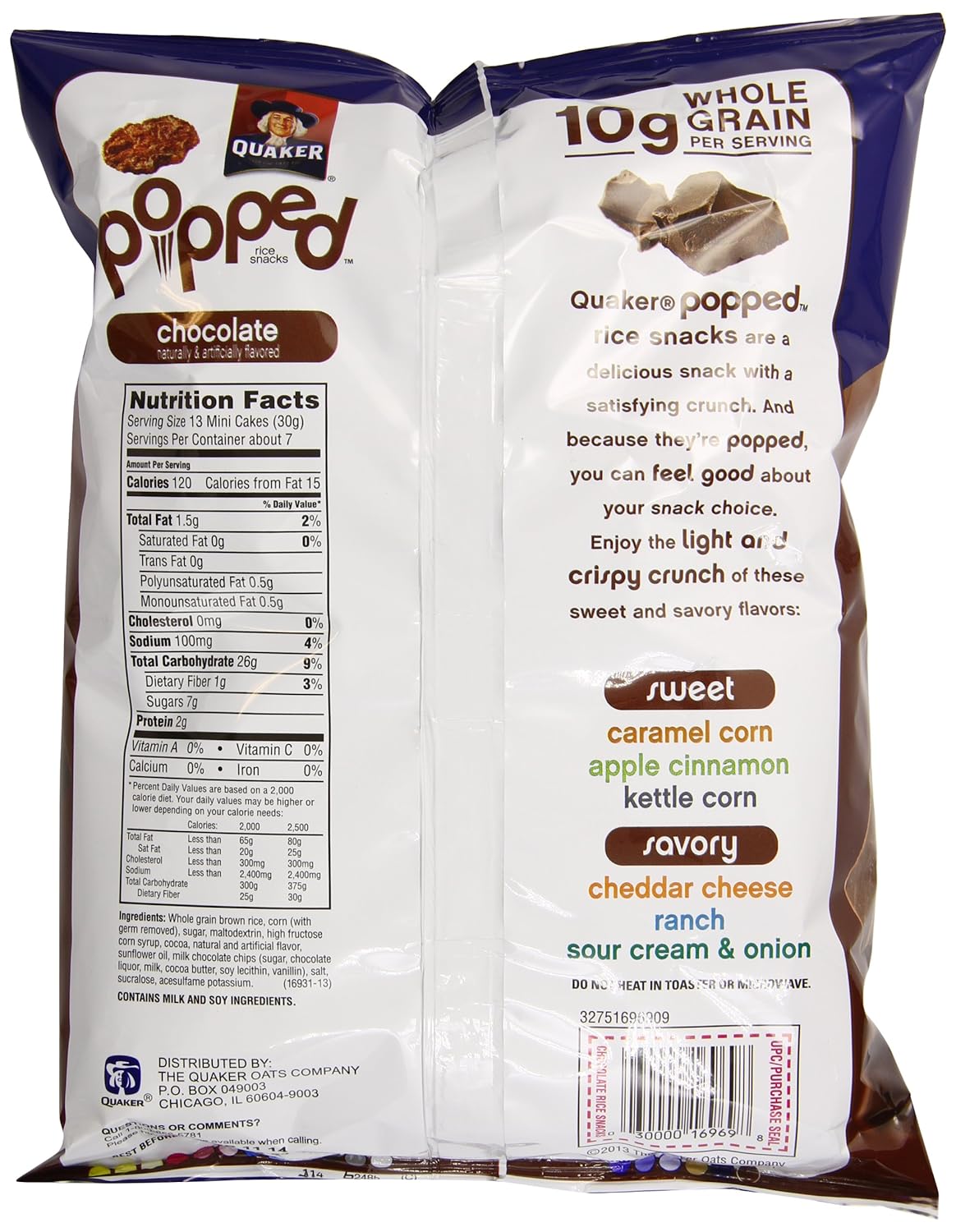 Quaker Rice Crisps, Chocolate, 7.04 oz Bags, 6 Count