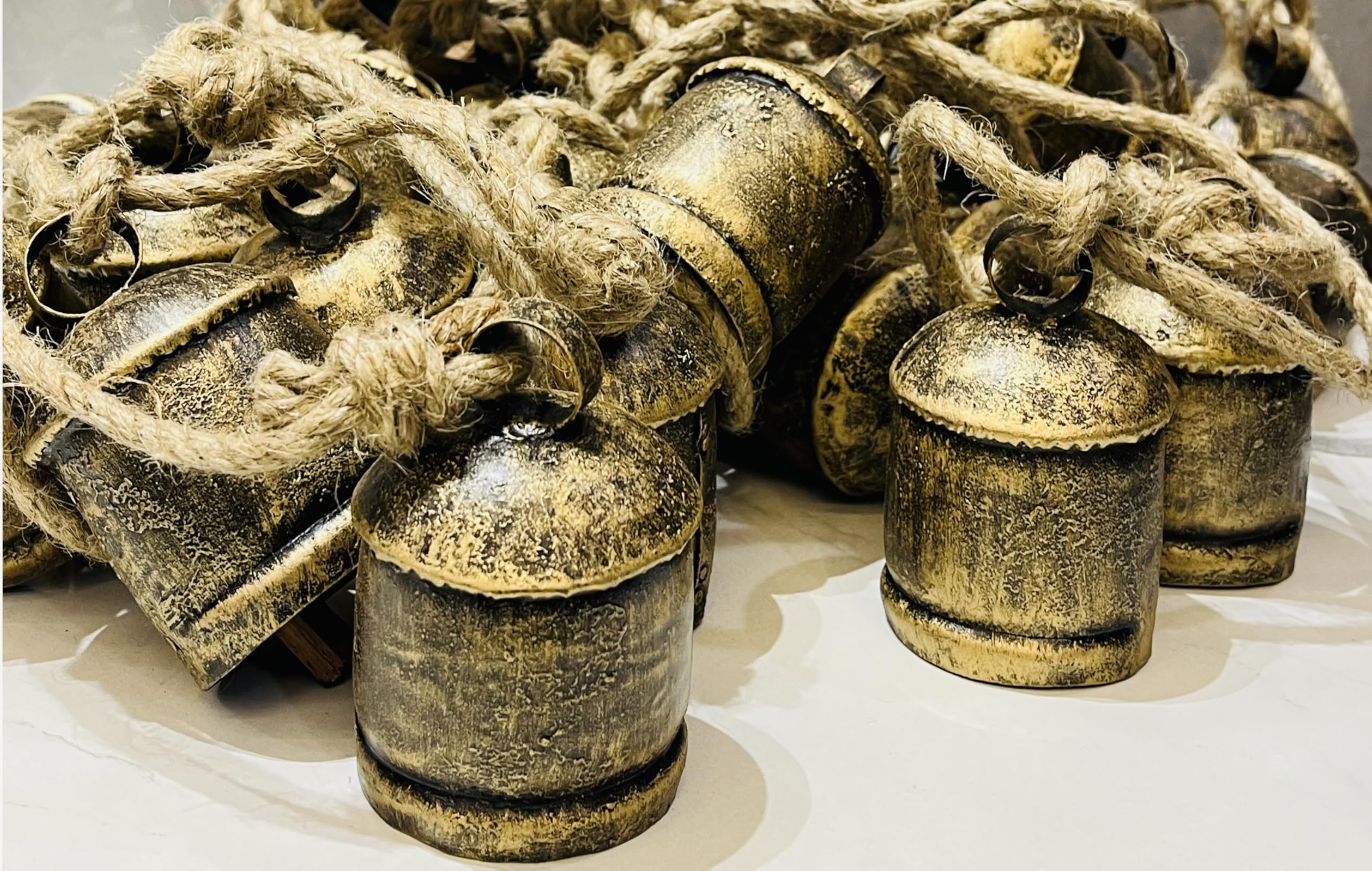MAI Harmony 4 Cow Bells Cluster on Rope Large Rustic Vintage Lucky Cow Bells On Rope Wall Hanging Décor (Golden,Brown,Silver)