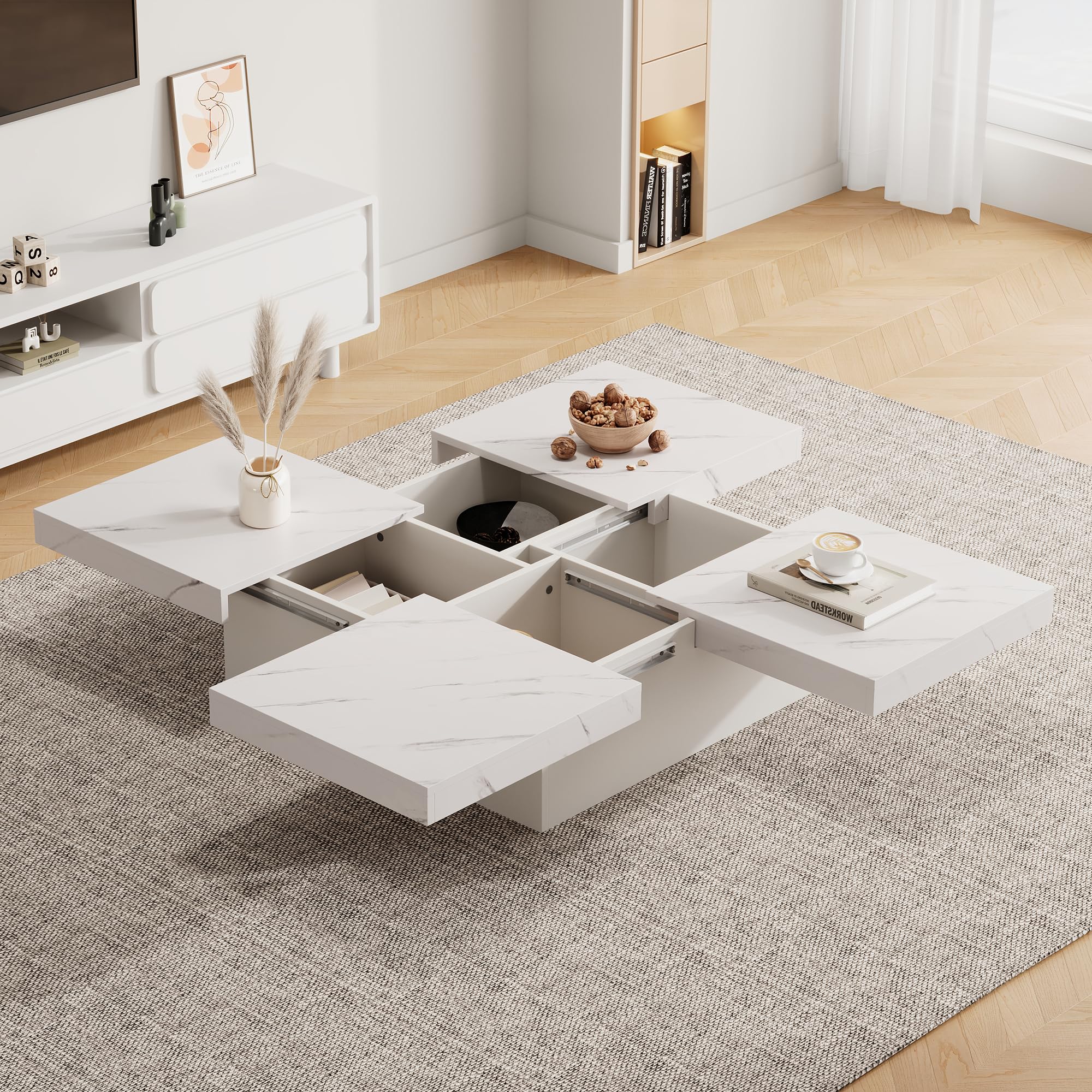 BTM Moderner Weißer Quadratischer Couchtisch mit Marmor-Optik, 90 x 90 x 25 cm – Vier Schubladen, Schiebbarer Tischplatte, Belastbar bis 30 kg