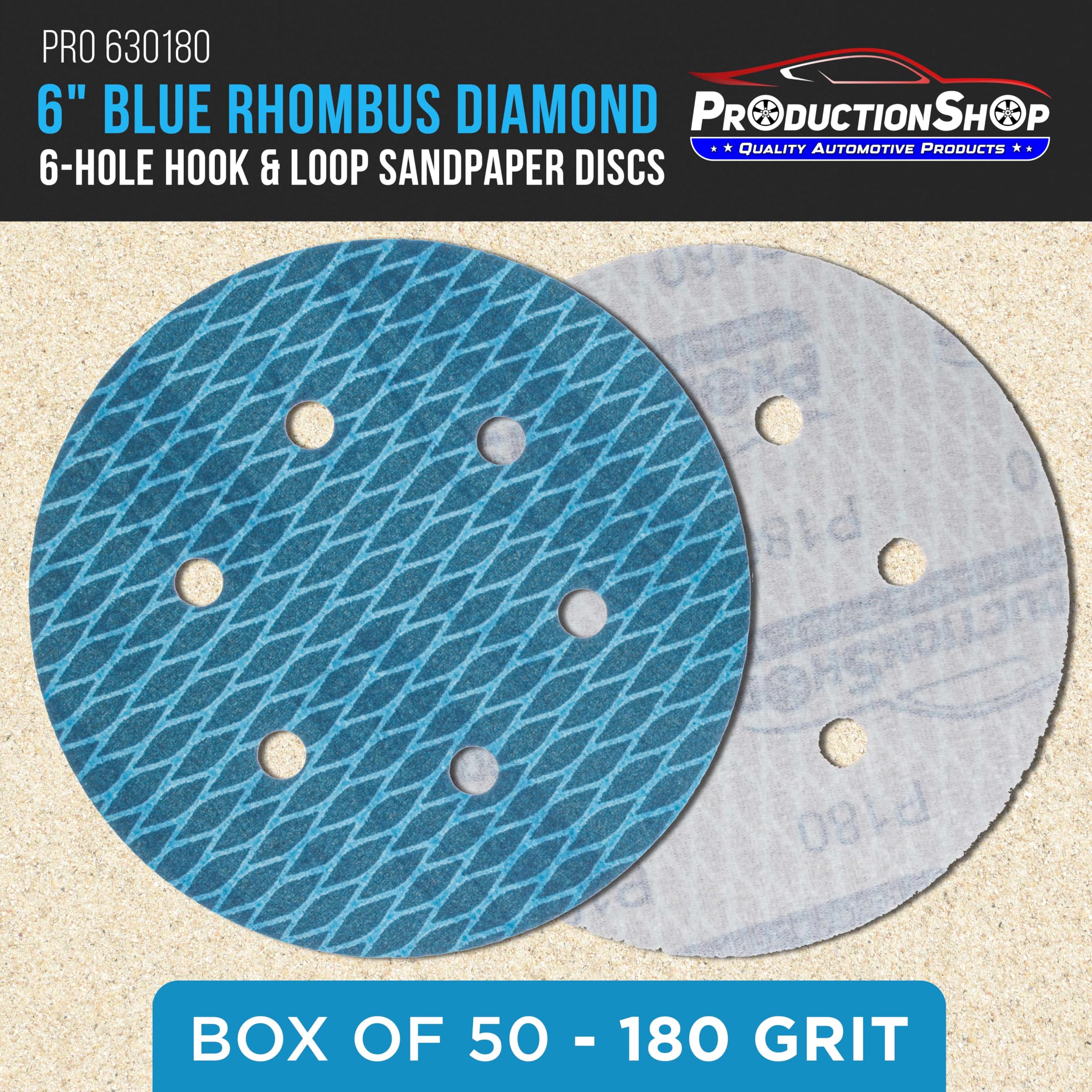 ProductionShop Discos de lijado azules de grano 180 de 6 pulgadas, con forma de rombo, 6 agujeros, caja de 50 – Papel de lija sin polvo de tela J antiobstrucción para lijadoras orbitales aleatorias,