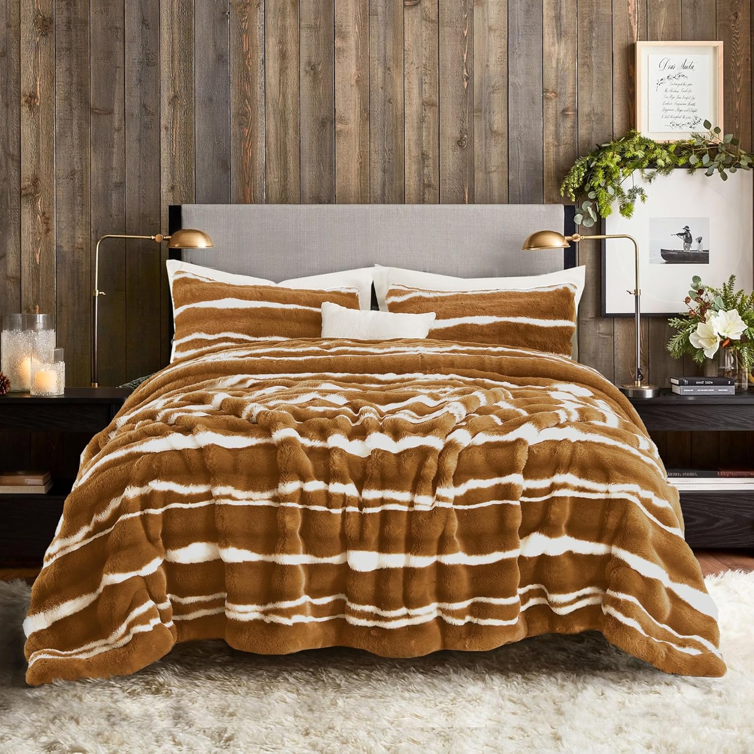 Wonderful 3 Pieces Fluffy Faux Rabbit Fur Comforter Set Queen Size, Caramel Plush Fuzzy Bedding Set, Animal Stripes Design Warm Soft Comforter Bedding Set for All Season,90"x94" - Image 3