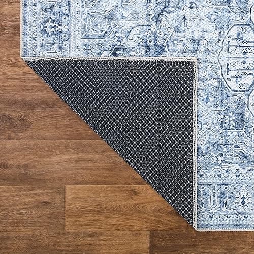 Miniatura 7 de Bloom Rugs Alfombra lavable antideslizante de 3 x 5 pies  Alfombra tradicional con medallón azul marfil y azul mezclilla para sala de estar,