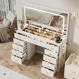 Otterease White Makeup Vanity Desk with Lights, 11 Drawers, 3-Mode Adjustable LED Mirror, Glass Top for Bedroom