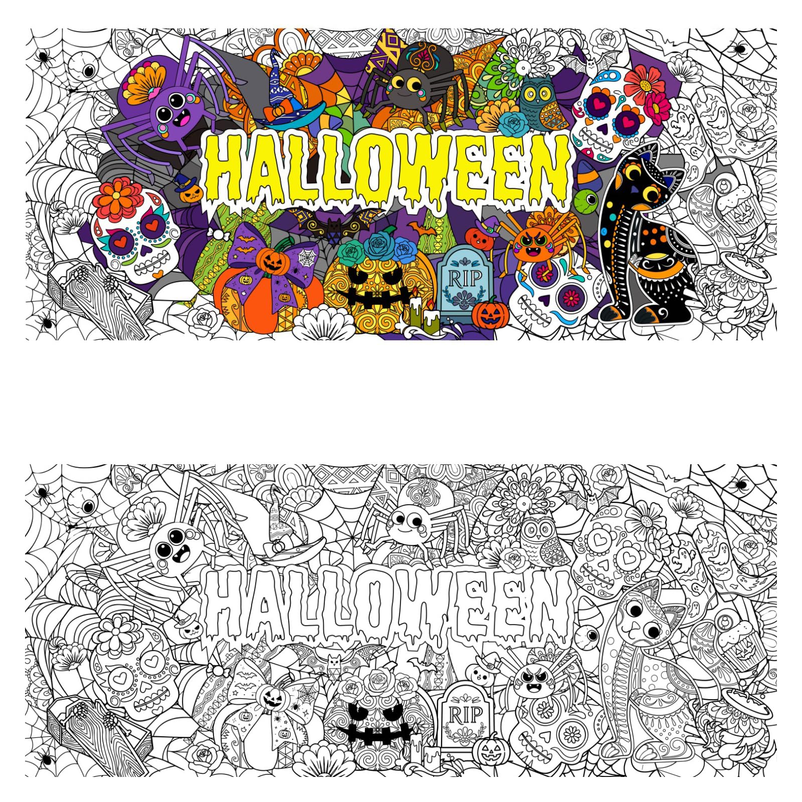 Eznaobo Halloween Coloring Tablecloth,30 x 72 Inch DIY Kids Party Tablecloth,Halloween Giant Colouring Poster Table Cloth for Kids, Boys Girls Birthday Gift, Craft Doodle Art