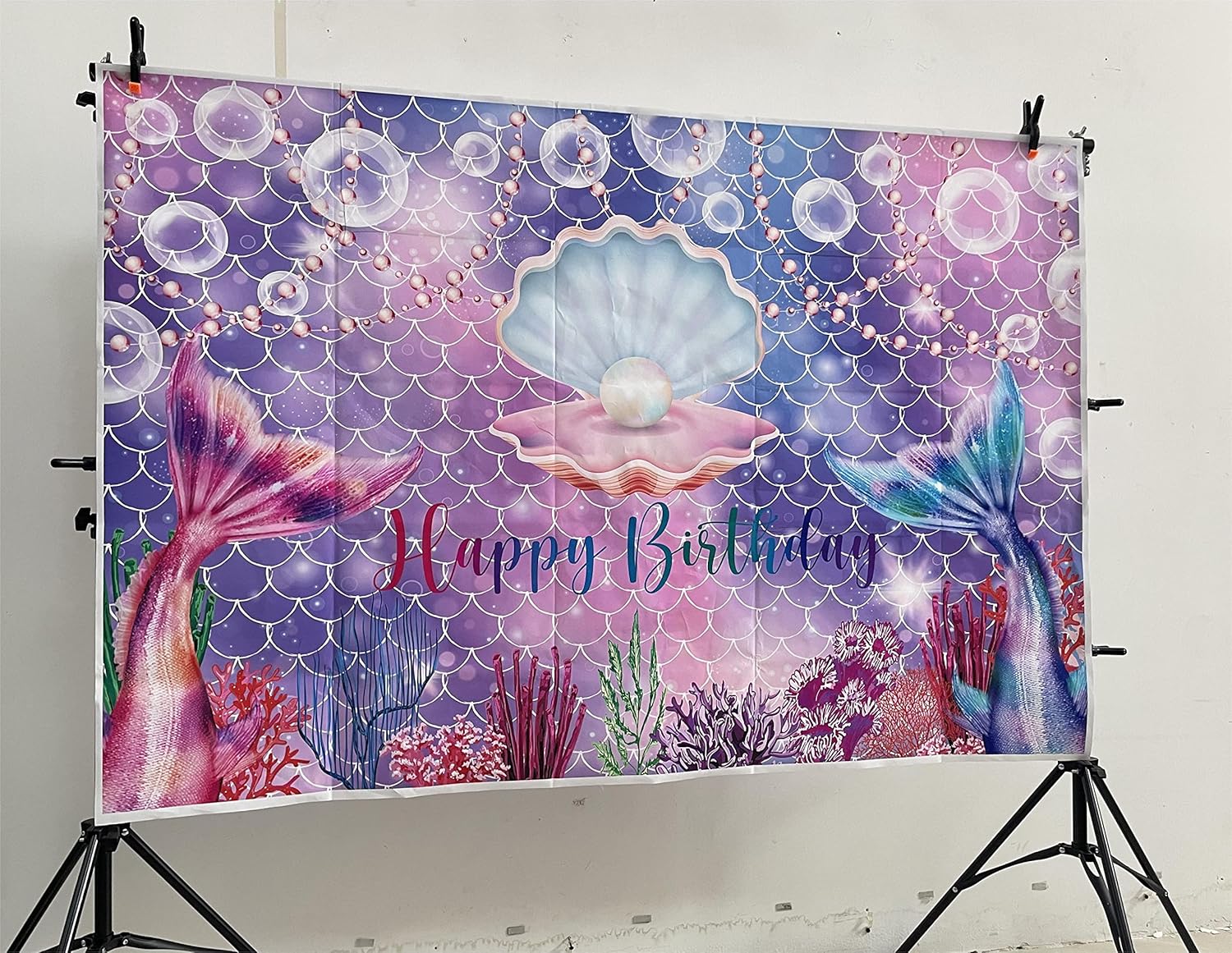7x5ft Mermaid Happy Birthday Backdrop Under The Sea Background with Pink & Purple Mermaid Scales Girls Theme Party Decorations Photo Booth Props - Image 2