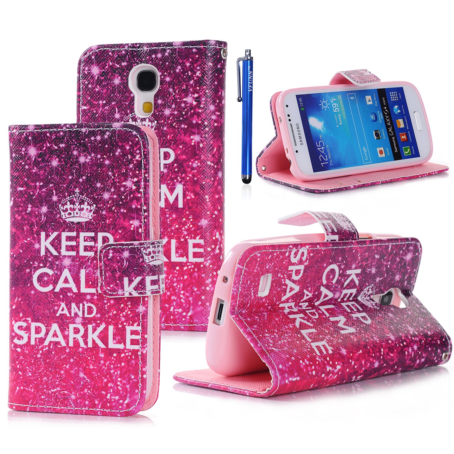 S4 Mini Case, Vfunn Deluxe Leather Flip Wallet Case Cover Pouch for Samsung Galaxy S4 Mini SIV Mini (i9190) with 1 Stylus Pen and 1 Clear Screen Protector 1 Clean Cloth Cleaner Stand Feature and Credit Card ID Holders (Samsung Galaxy S4 Mini, Sparkle)