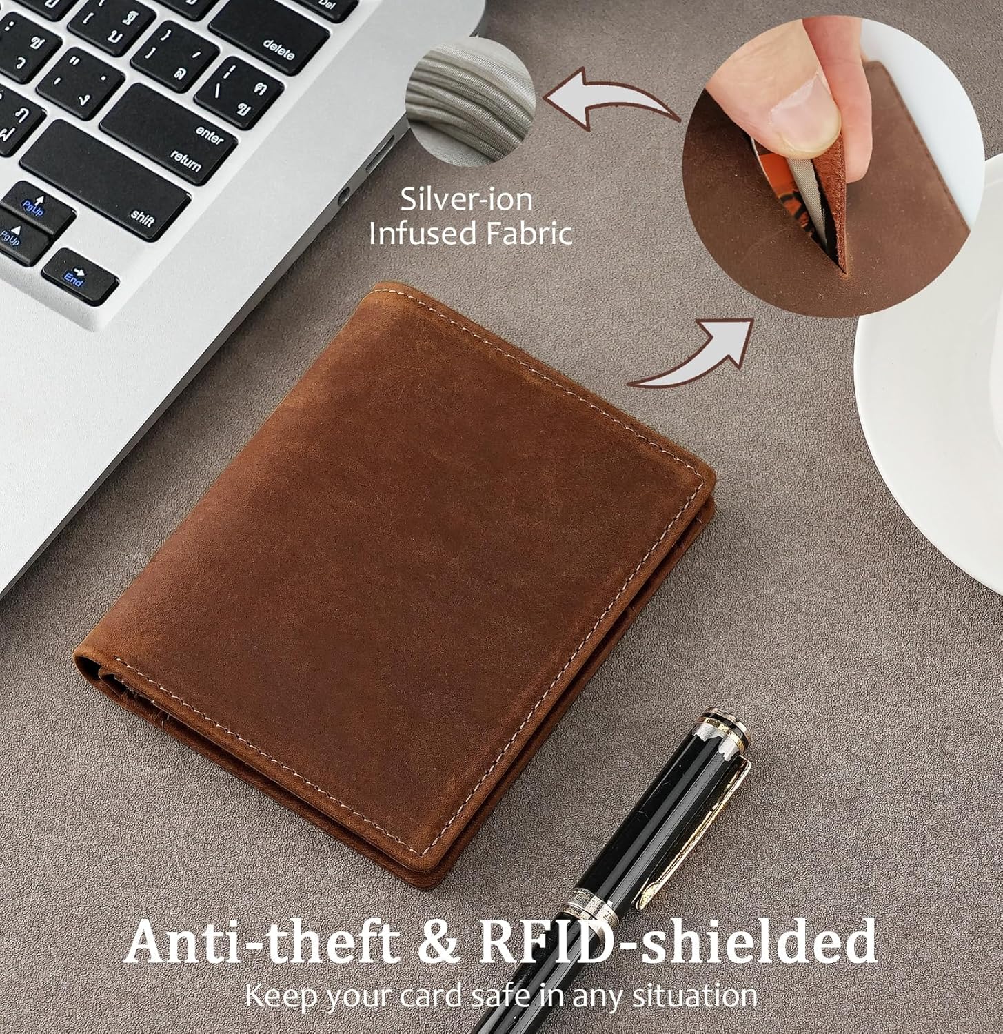 Bifold Vertical Wallet for Men - Slim Leather RFID Blocking Front Pocket Design with ID Window & 2 Cash Pockets | 4.5"x3.7"x0.7" Thin 7 Card Slots Wallets Organizer | Gift Box (Brown) - Image 3