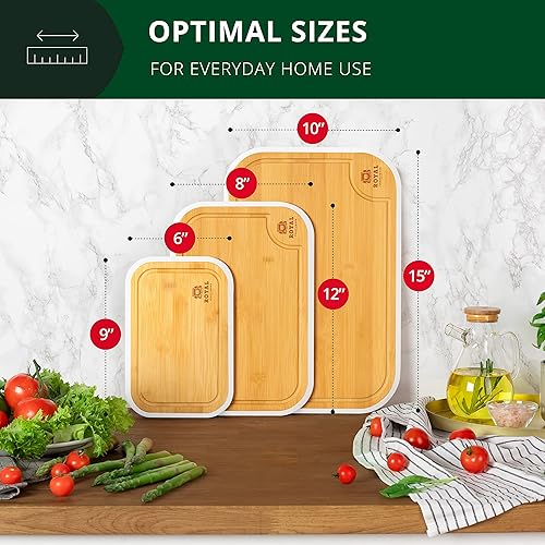 Miniatura 5 de Juego de tablas para cortar de bambú para cocina con ranura de líquidos (3 piezas) para carne, queso y verduras, color blanco