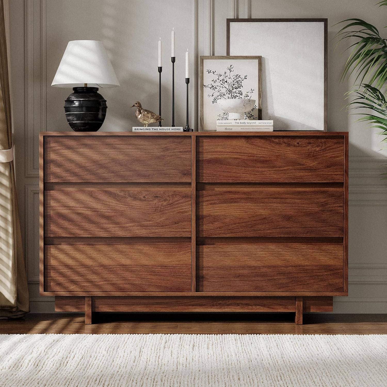 CHUWELL 47" Wide Dresser for Bedroom, Walnut Mid Century Modern Dressers with 6 Drawers, Adequate Capacity Storage,Closet Clothes Organizer for Bedroom