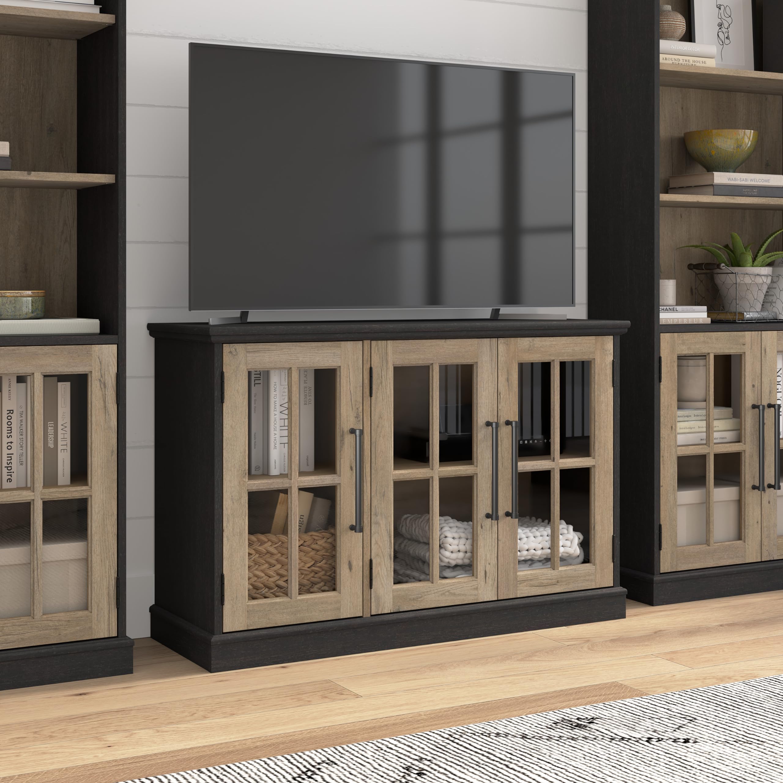 Bush Furniture Westbrook 46W TV Stand for 65 Inch TV in Vintage Black/Restored Tan Hickory | Living Room Entertainment Center with Storage