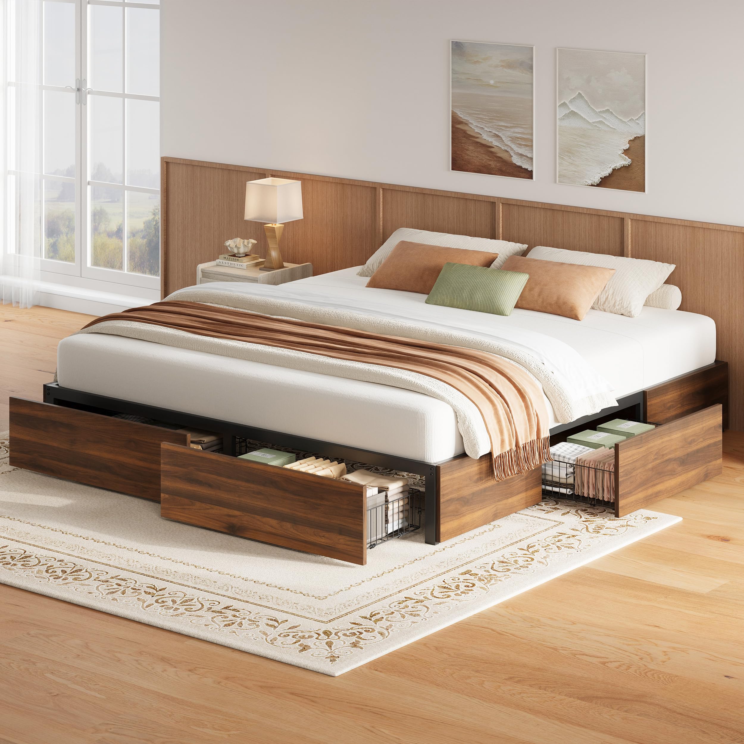 LIKIMIO King Bed Frame with 4 Storage Drawers