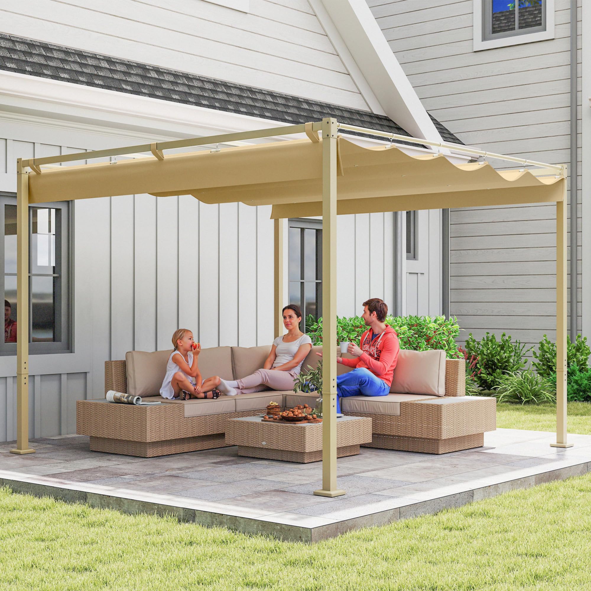 Outsunny Pérgola con Techo Retráctil Pérgola de 3x3 m Cenador de Pared o Independiente con Cierre Magnético Protección UV30+ Pabellón para Jardín Patio Terraza Exterior Caqui