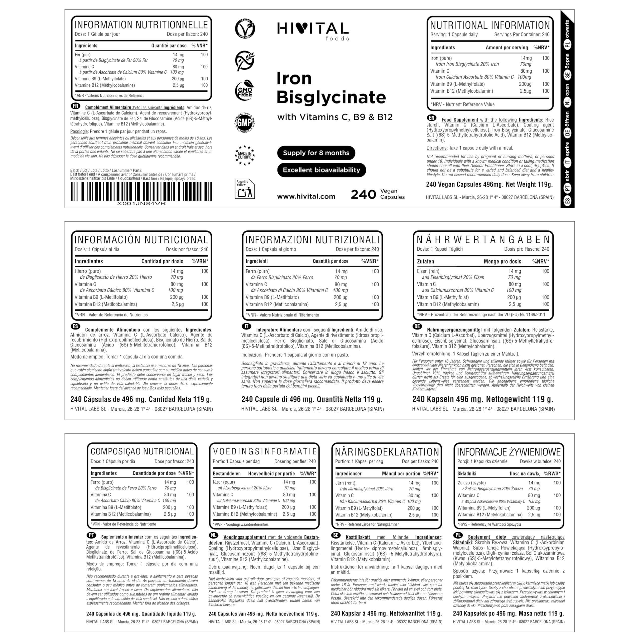 Fer 14 mg. 240 gélules végétaliennes pour 8 mois de traitement. Bisglycinate de fer pur végétal avec vitamine C, acide folique et vitamine B12. Fabriqué en Europe par HIVITAL