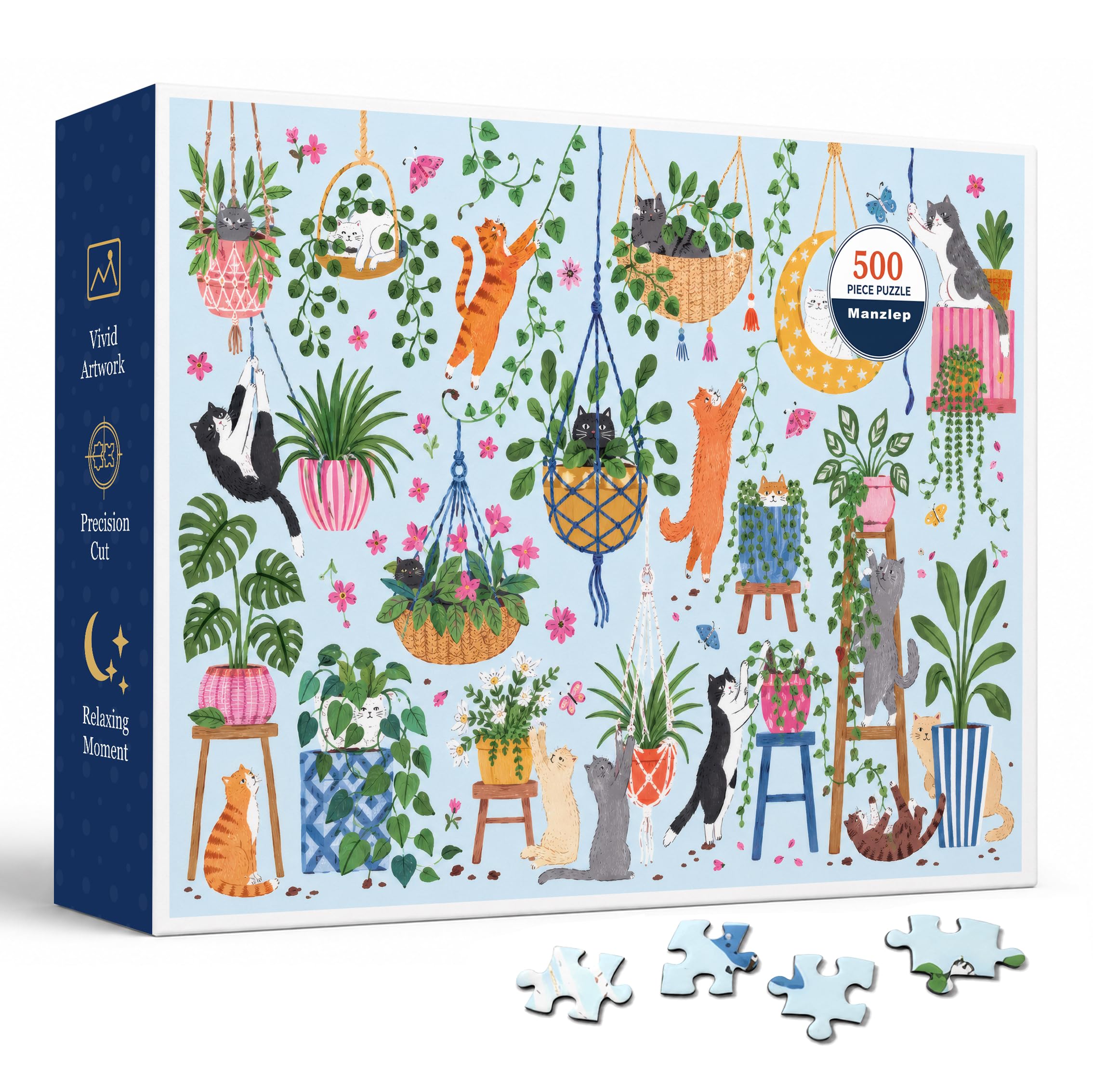 Hanging Plant Cats 500 Piece Jigsaw Puzzle for Adults, Colorful Indoor Garden Scene with Playful Cats, Macrame Planters, Leafy Vines, Pink Flowers, and Bright Watercolor-Style Artwork, 20.5 x 15 in
