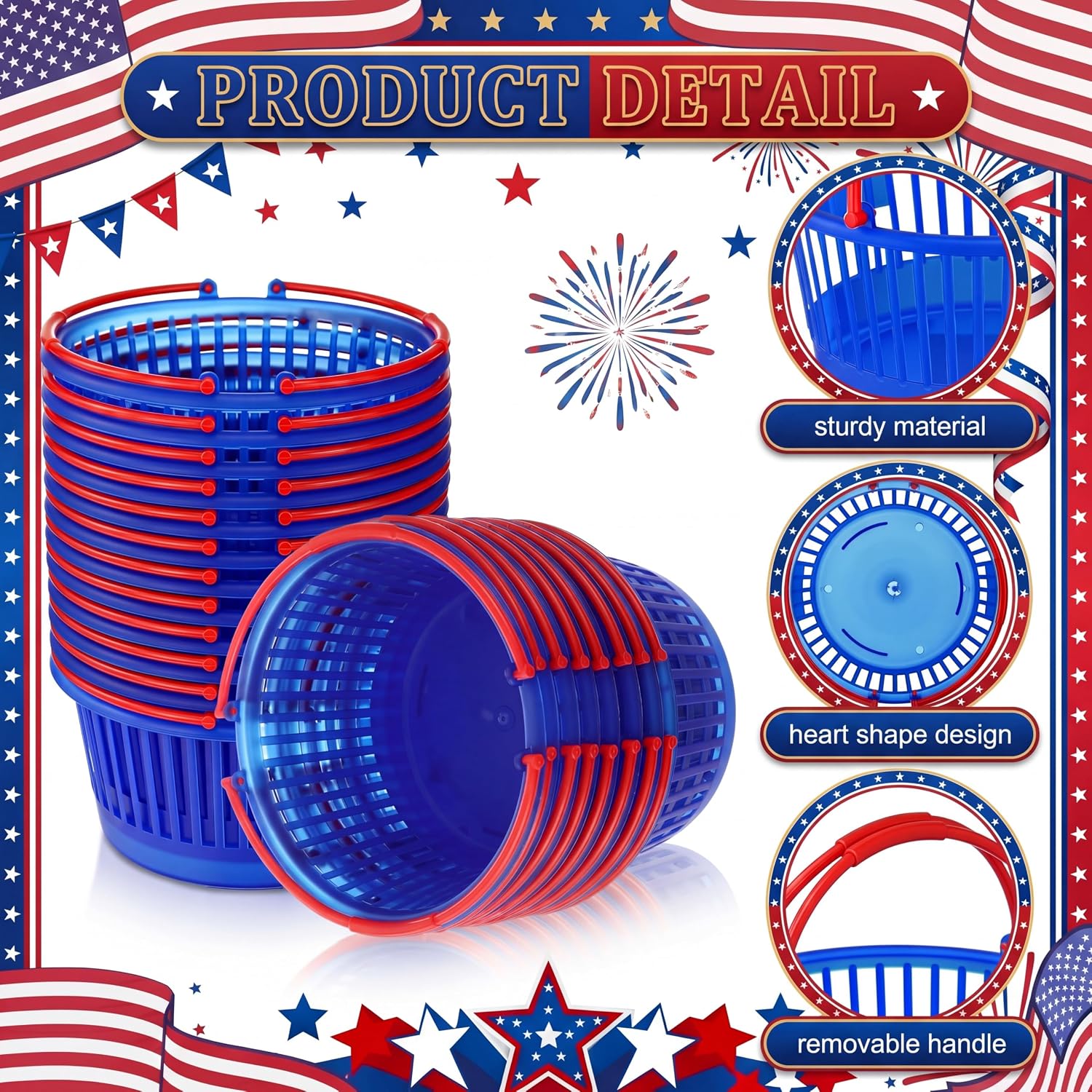 24 Pcs Patriotic Plastic Gift Basket with Handle 6" x 4.6" x 3.27" Small Red Blue Basket Table Centerpiece for 4th of July Party Favor, 250th Anniversary, Baby Shower Decorations
