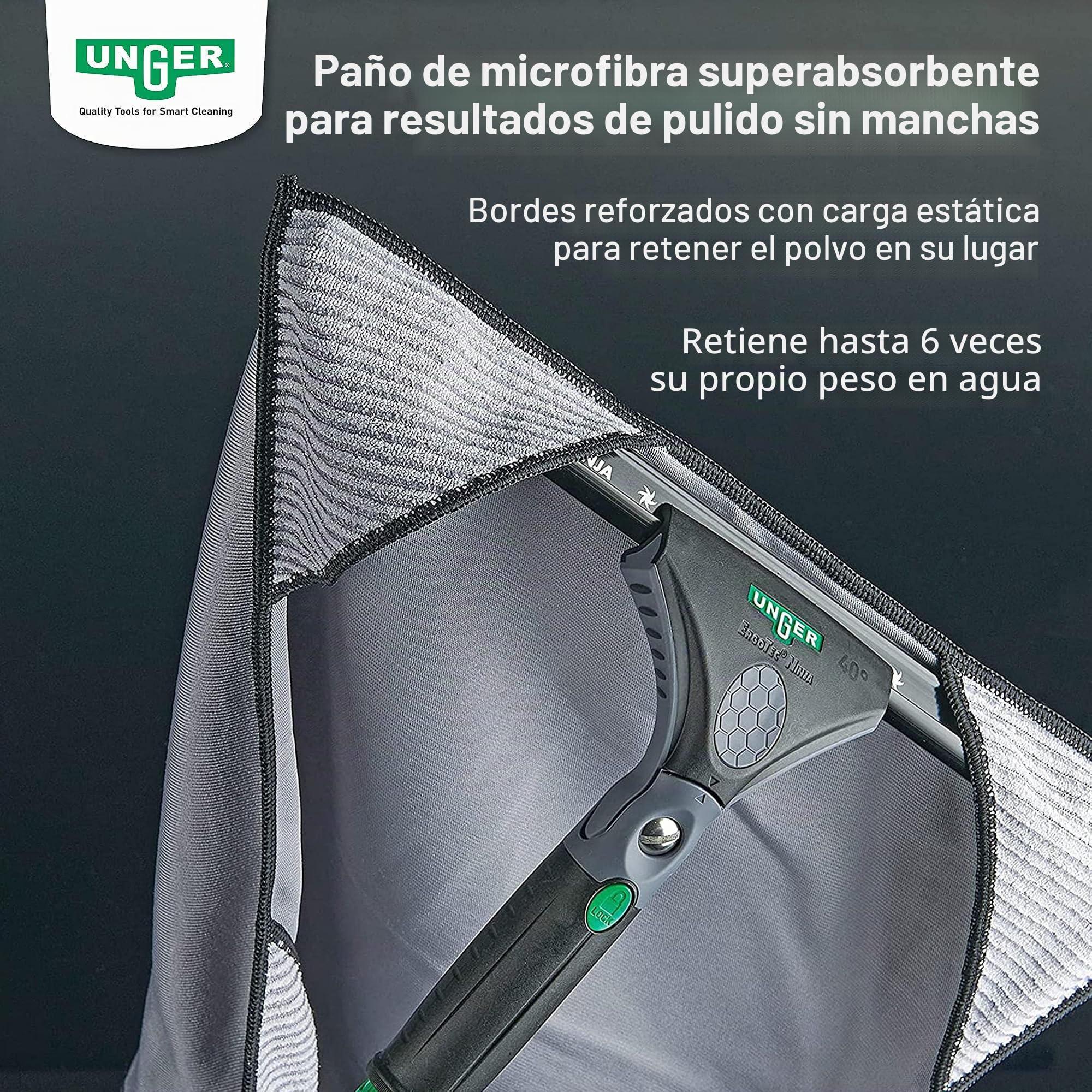 UNGER ErgoTec - Juego completo de limpieza de ventanas Ninja 6 en 1 (limpiador de 35 cm, limpiador de ventanas de 35 cm, paño de microfibra, raspador de cristal, funda, depósito en un cinturón,