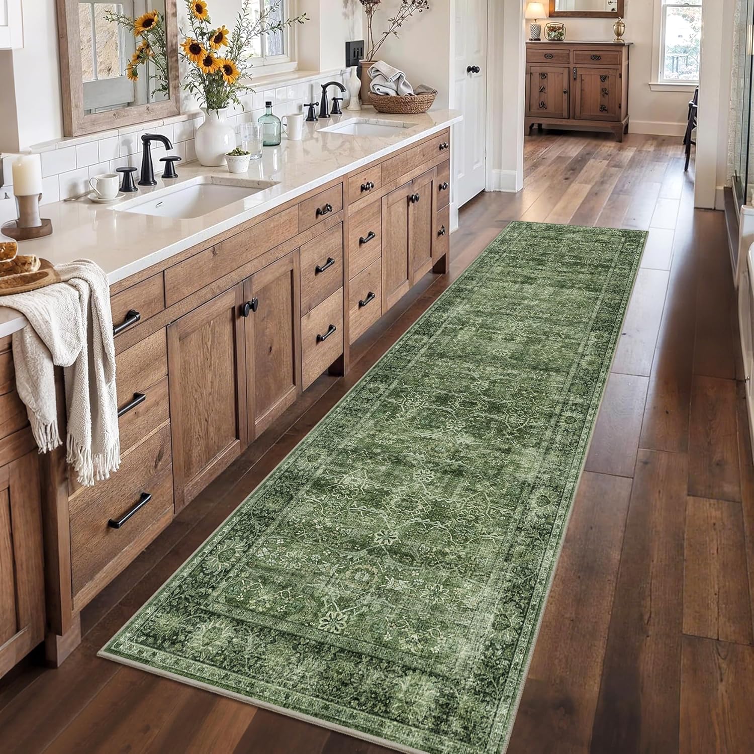 Condition photo showing New/Like New for 3x10 green vintage washable runner rugs for hallway kitchen boho hallway carpet low pile non-slip retro distressed accent throw rug for entryway bathroom bedroom green 3'*10'(runner) green