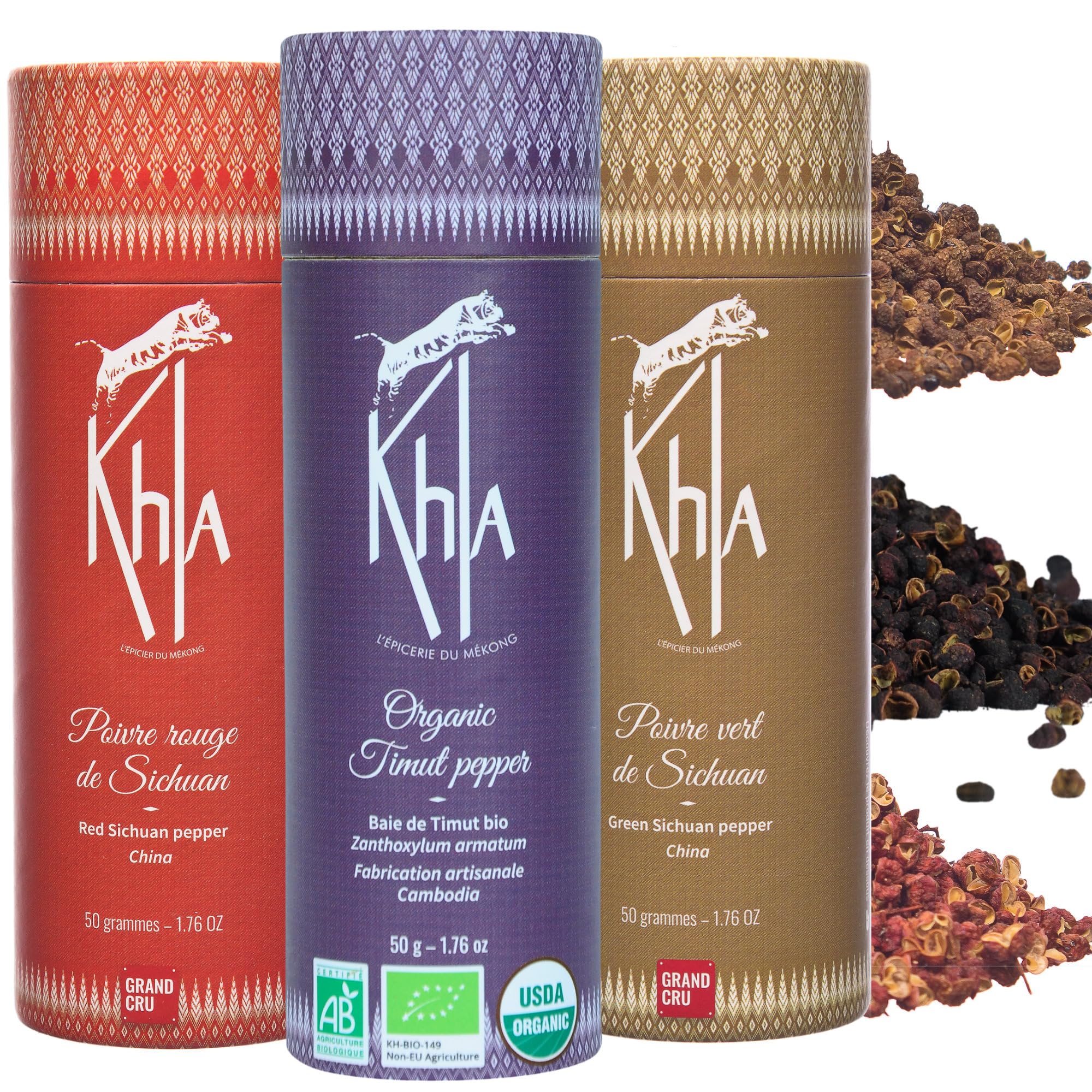 Khla - Coffret Trio de Poivres Rares - Sichuan & Timut - En Grains - Coffret Cadeau Cuisine - Baies Sichuan Rouge Vert - Épices Poivres du Monde - Recharge Moulin - Asie Chine Népal