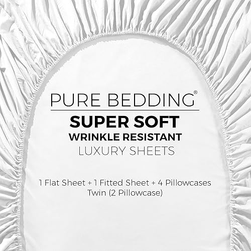 Miniatura 5 de Pure Bedding Sábanas  Juego de sábanas matrimonial 6 piezas, blancas  Hotel Luxury 1800 microfibra cepillada  Suave y transpirable  Sábana bajera de