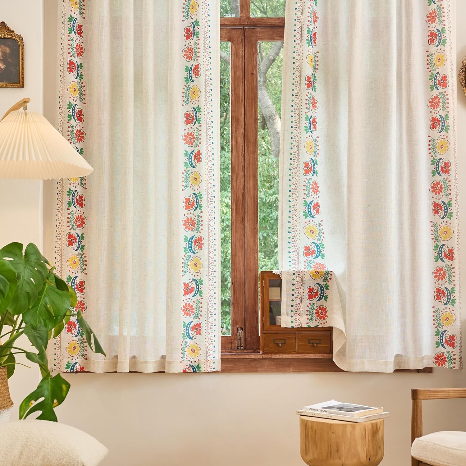 MEETSKY Boho Floral Sheer Curtains 84 Inches Long Linen Flower Patterned Printed for Bedroom Living Room Light Filtering Country Farmhouse Cottagecore Drapes Back Tab, 2 Panels, 50" Wide