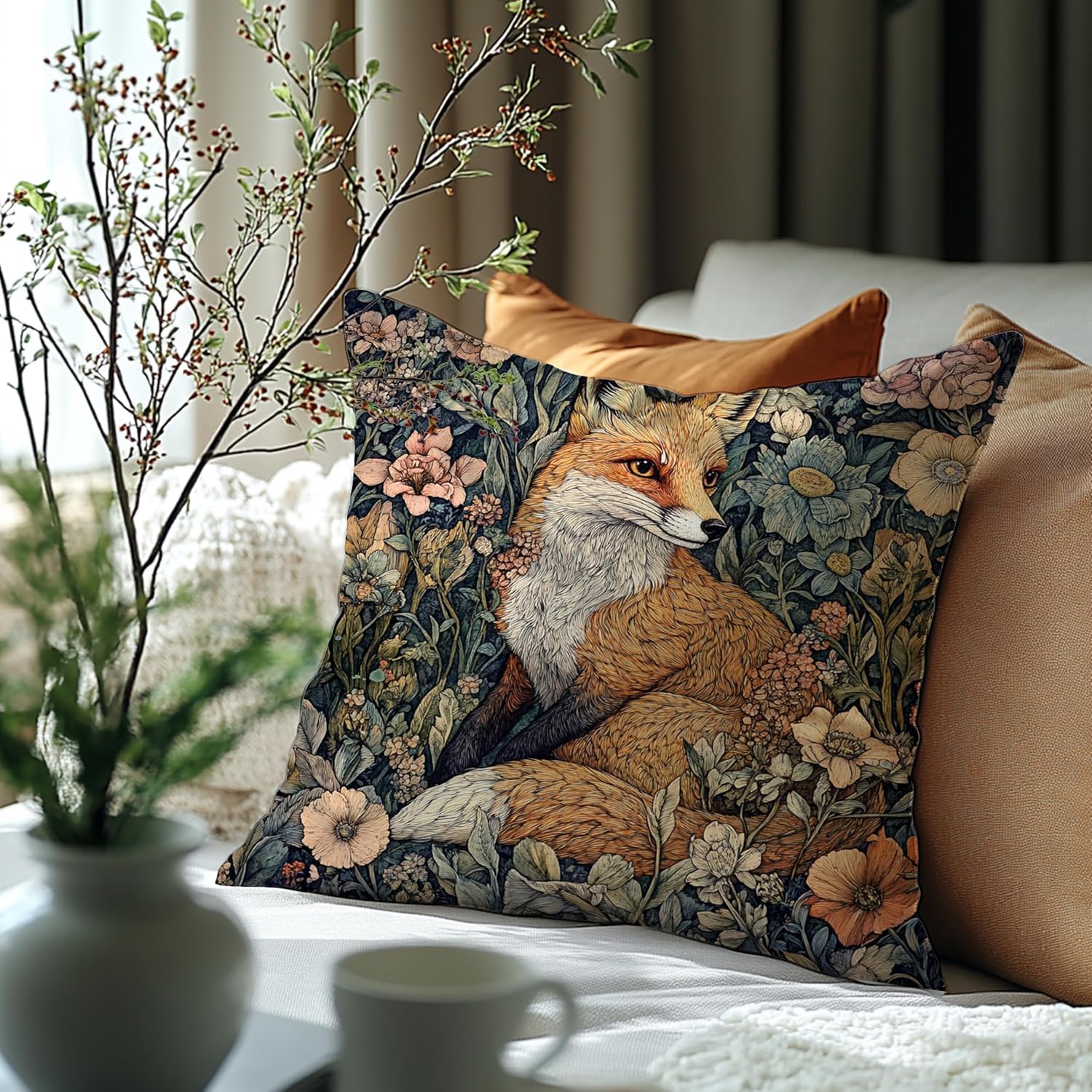 Cottagecore William Morris Inspired Fox Floral Print Pillow Covers 18x18,Vintage Fox Animal Floral Decorative Throw Pillow Covers for Home Bedroom Living Room - Image 5