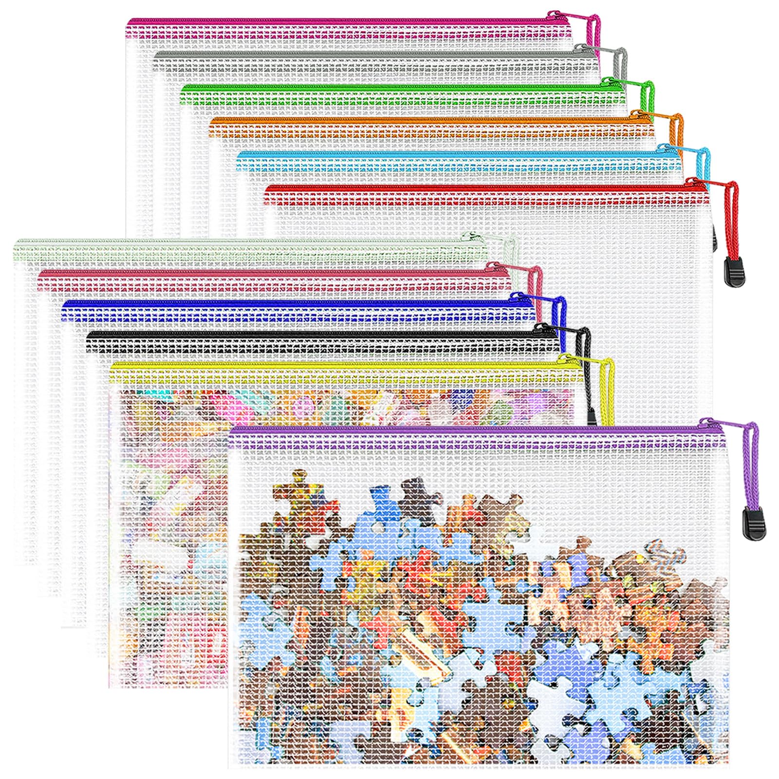 HIGA-JKL 12 PCS A4 Plastic Wallets with Secure Zippers Waterproof Mesh Document Folders Strong Zip Lock Bags for School Office Travel Storage 12 Colours 33x24 cm