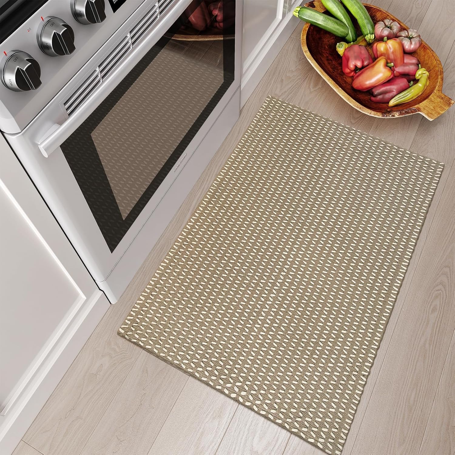 OJIA Washable Indoor Door Mats for Entryway 2'x3', Cotton Woven Tan Front Door Mat Indoor Entrance, Small Entry Rugs Farmhouse Kitchen Rug, Rustic Bathroom Rug Throw Rugs for Doorway