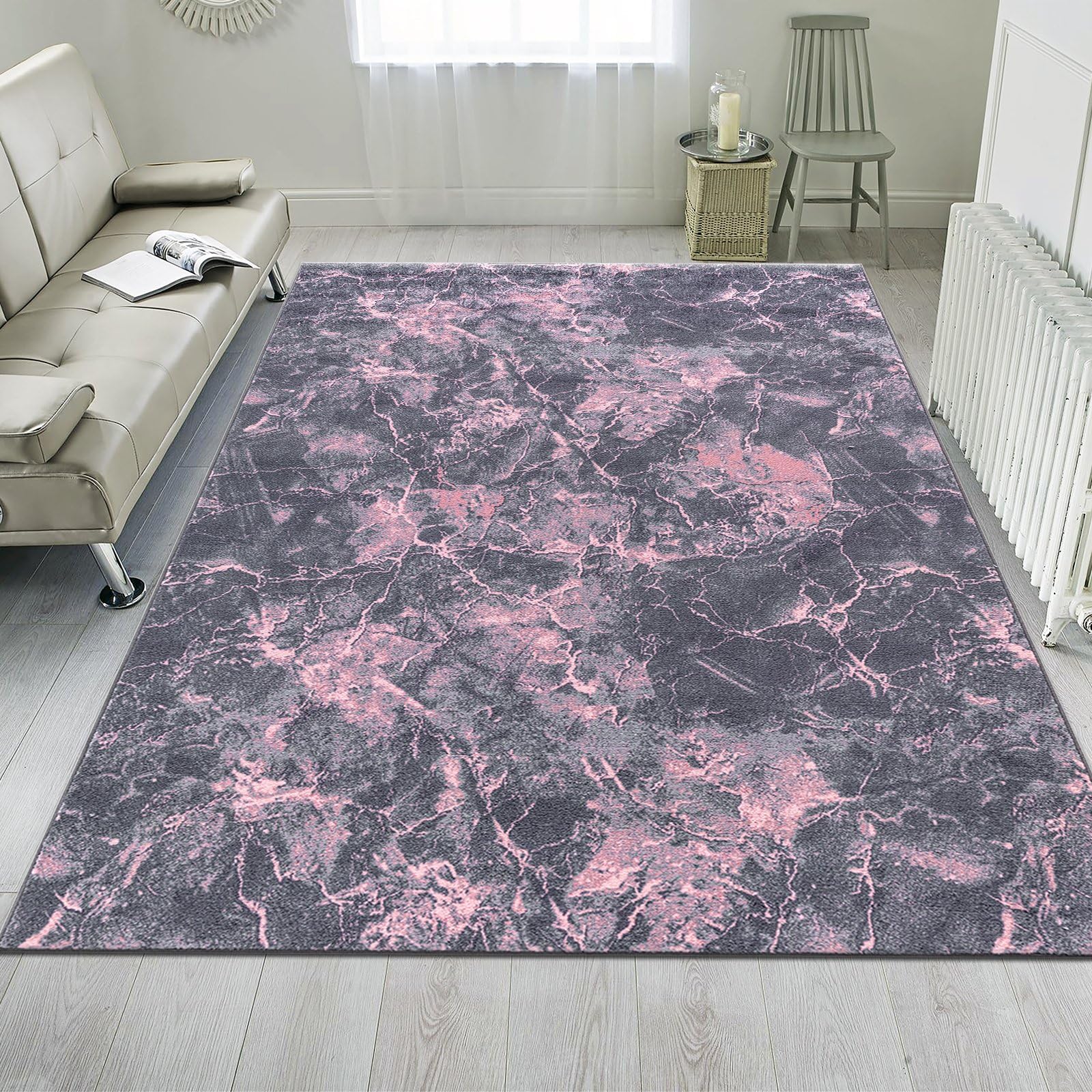 renoazul® Non Slip Extra Large Rugs For Living Room - Marble Pink Rug - 200 x 290 cm - Washable Low Pile Rug For Bedroom Carpet and Sitting Room
