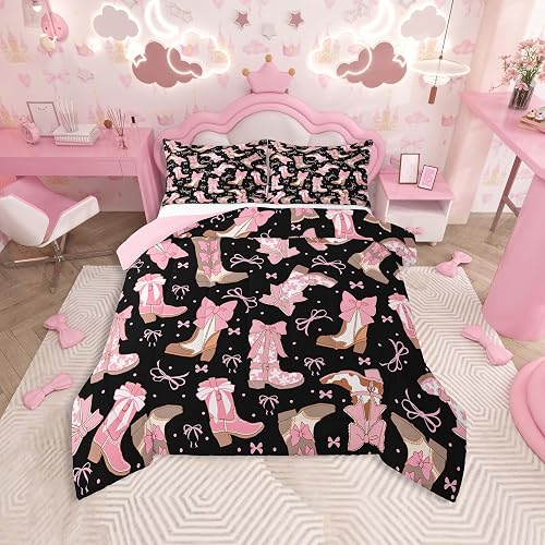 Feelyou Black Pink Western Bedding Set Cowgirl Cowboy Boots 