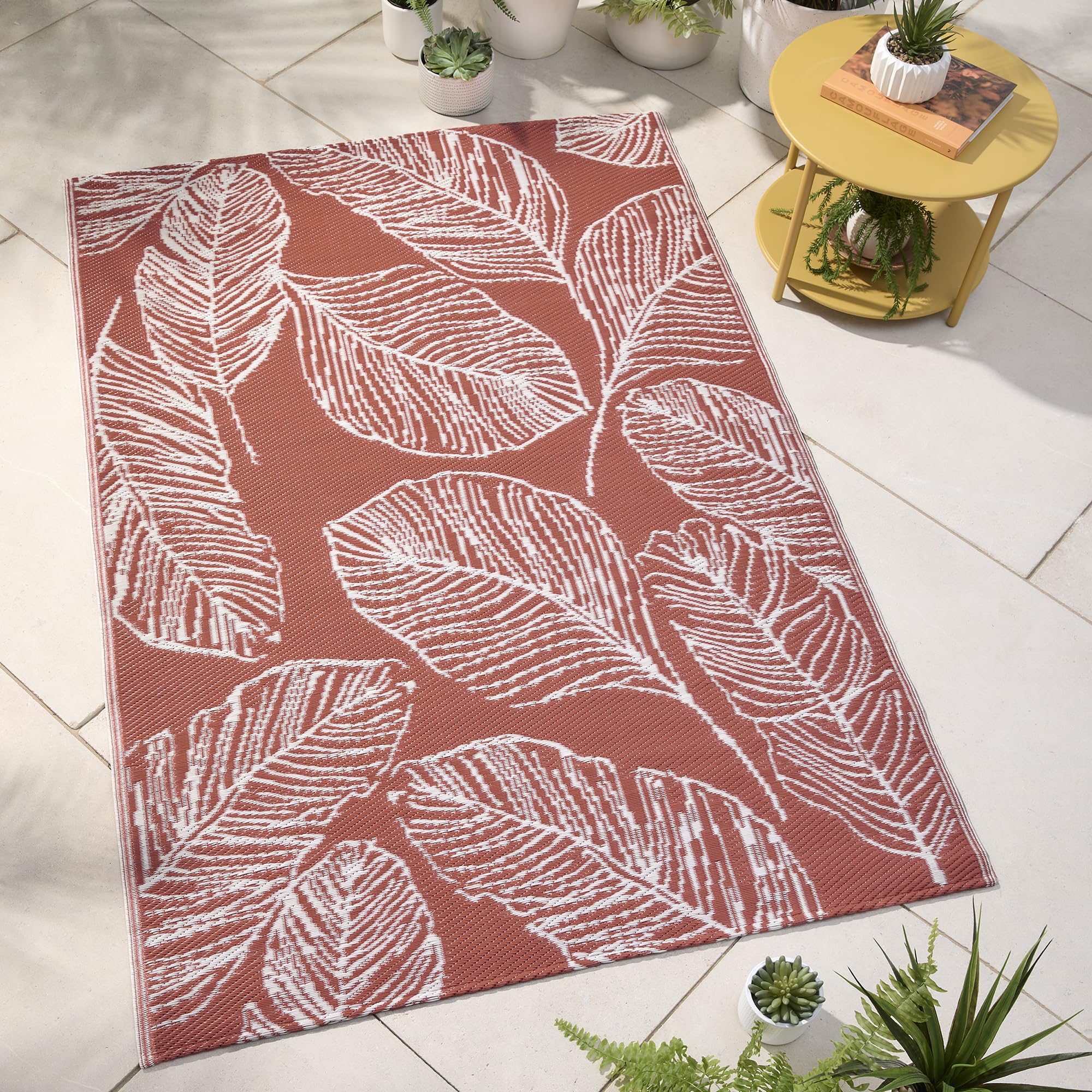 Fusion Matteo Leaf Outdoor Rug 120 x 170cm – Terracotta Indoor Outdoor Rug, Water and UV Resistant Garden Patio Rug for Camping, Beach and Picnic Use