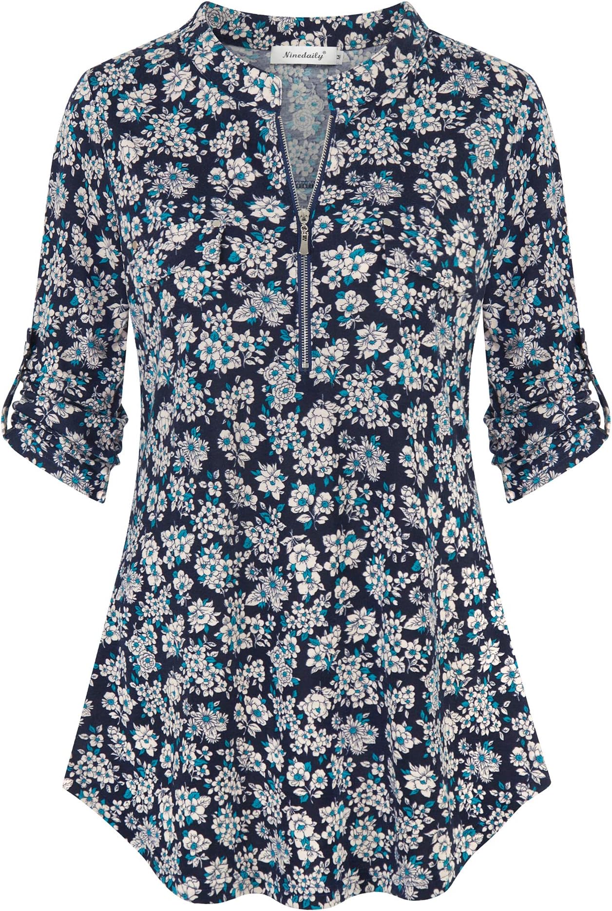 NinedailyWomen's 3/4 Sleeve Plaid Shirts Zip Floral Casual Tunic Blouse Tops