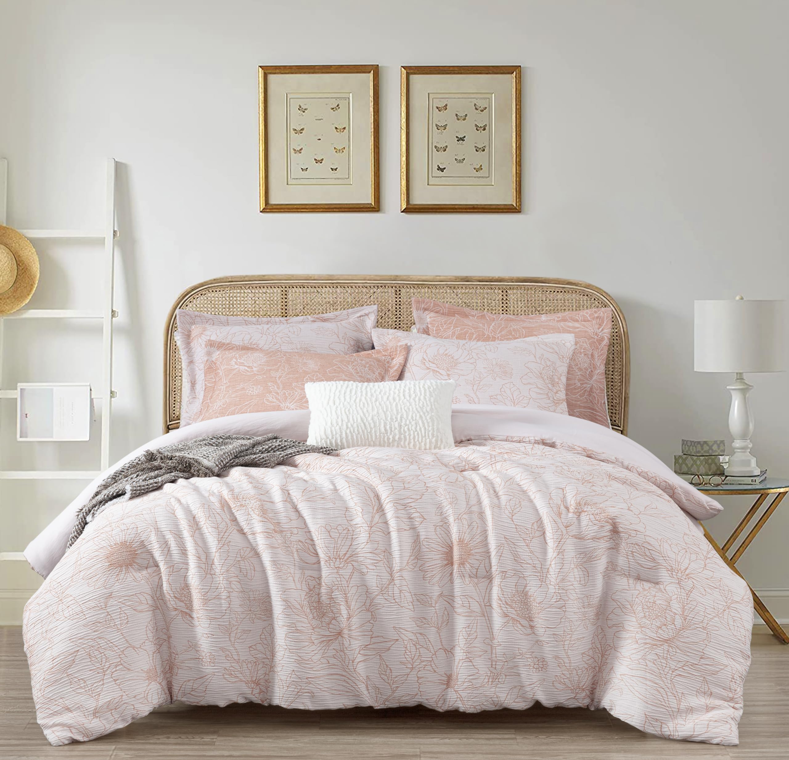 Chezmoi Collection Katrina 6-Piece Floral Comforter Set Full Size, White/Coral, Soft Jacquard Textured Lightweight Bedding for All Season (1 Comforter