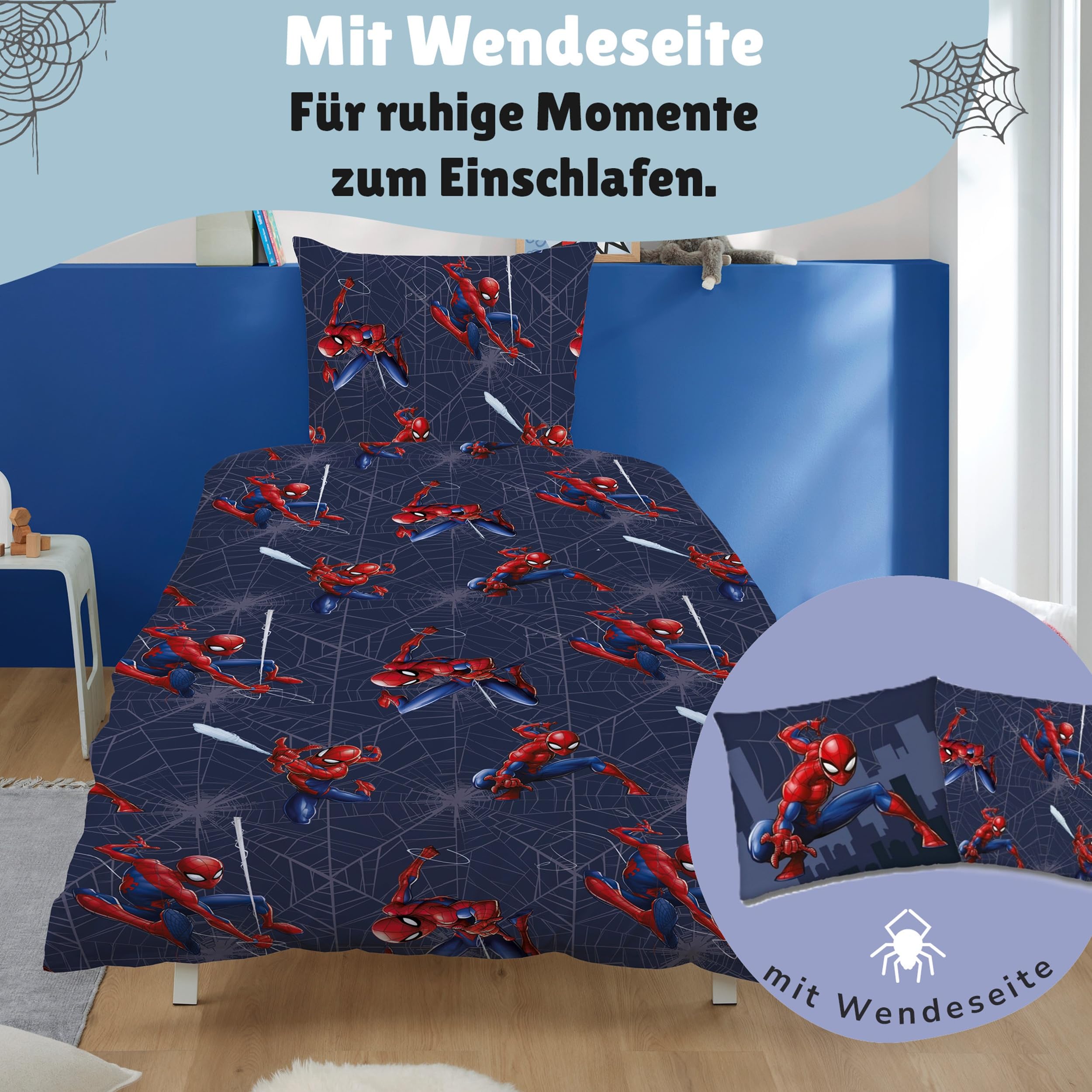 Familando – Marvel Spiderman Bettwäsche Set (2-teilig) – Decken- & Kissenbezug 135x200 cm & 80x80 cm mit Reißverschluss – 100% Baumwolle Renforcé – Wendemotiv mit Spiderman