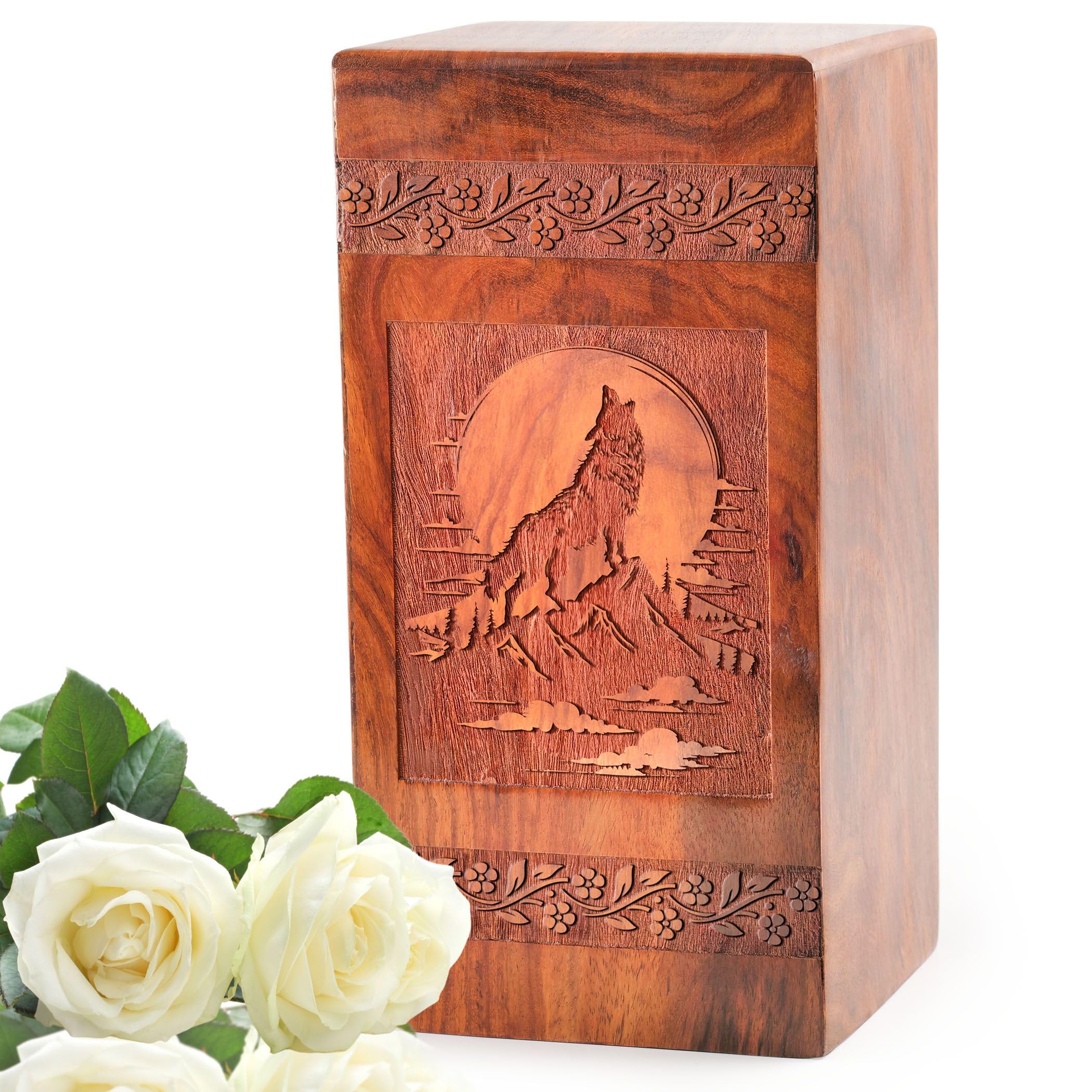 Wolf Wooden Urns, Unique Wooden Urn for Ashes, Cremation Urns for Human Ashes, Funeral Urns for Ashes Male, Cremation Urns for Men, Large Urn, Decorative Urns, Adult Urns 14 Inch, Natural