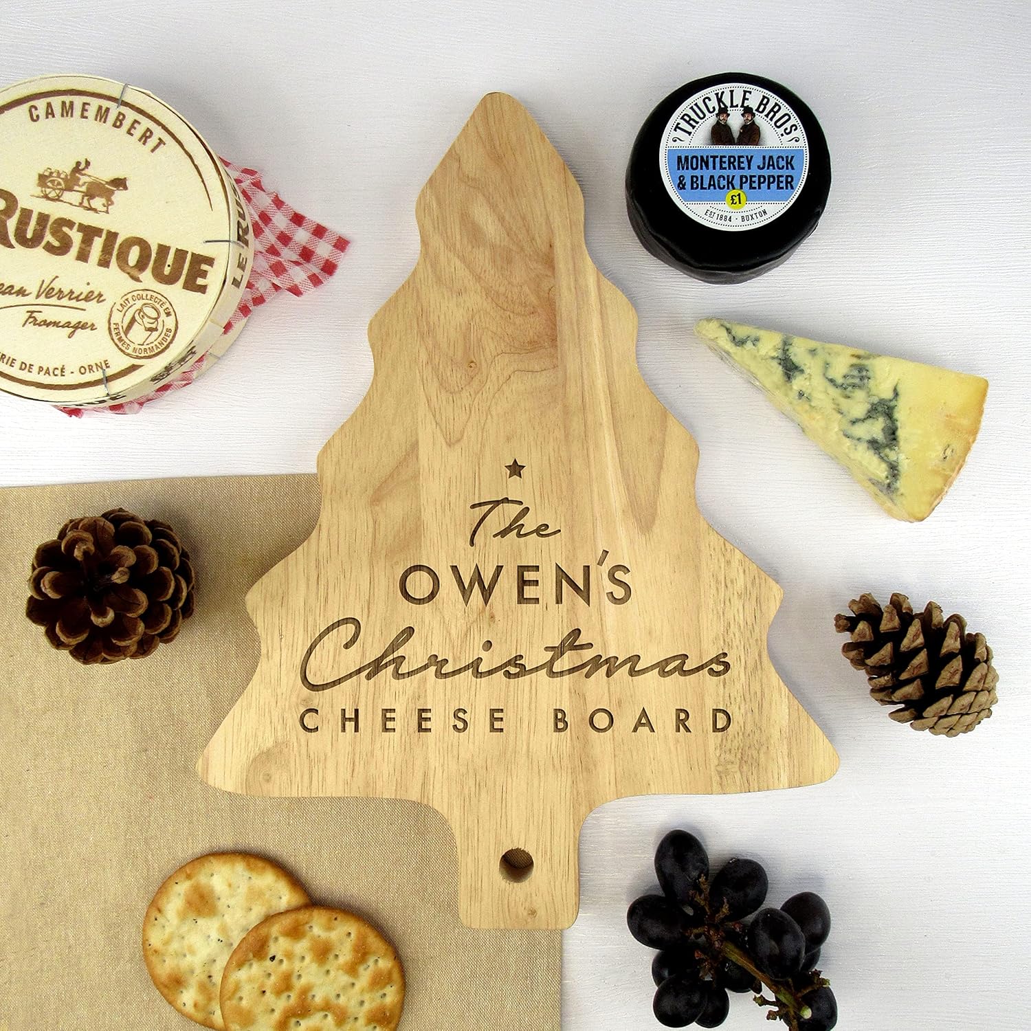 eBuyGB Personalised Christmas Tree Shaped Cheese Board, Wooden Cheese