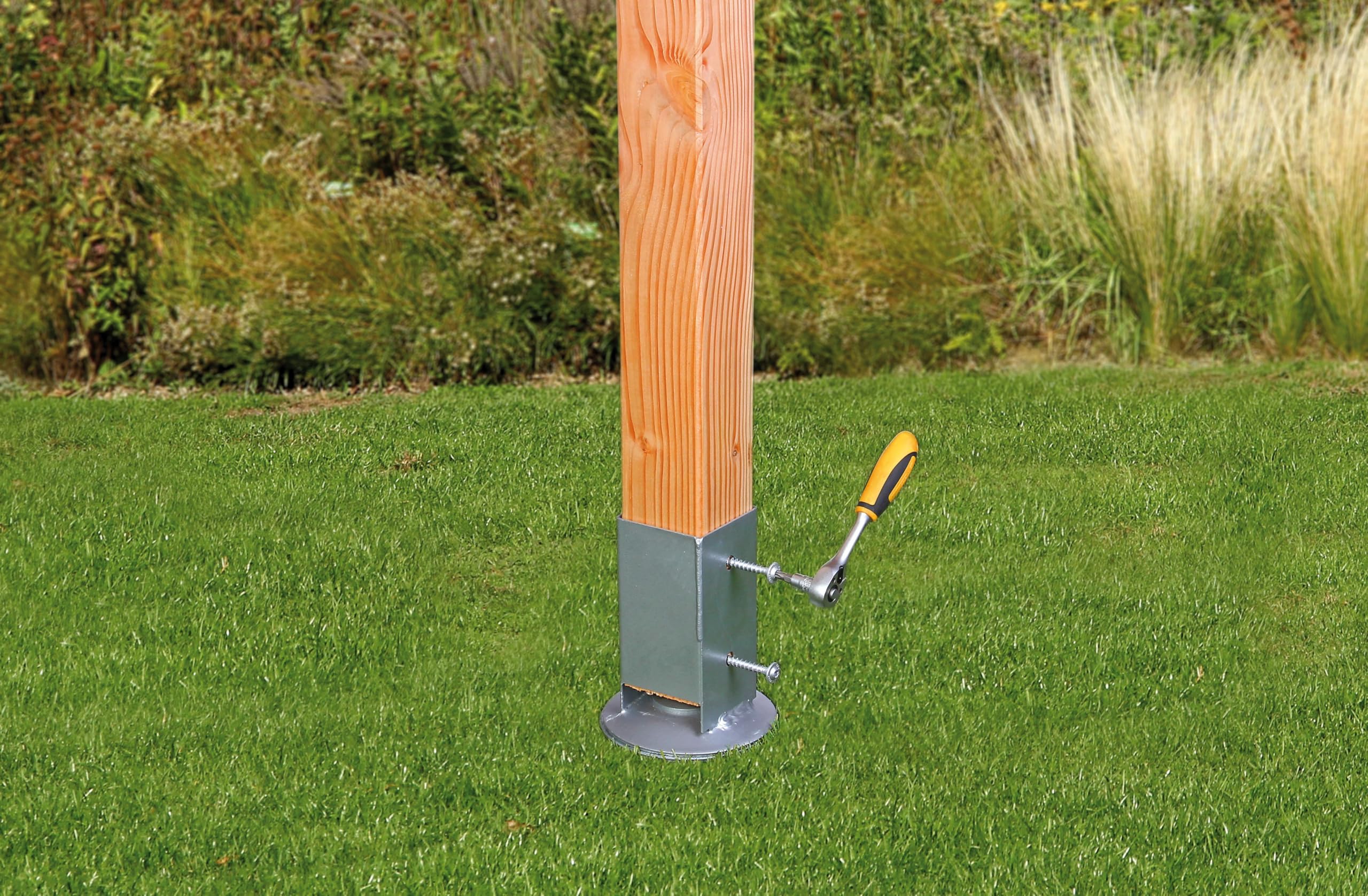 Alberts Set di 4 boccole per pali in legno quadrato, con pentola regolabile, zincato a caldo, 91 x 91 mm, lunghezza totale 900 mm