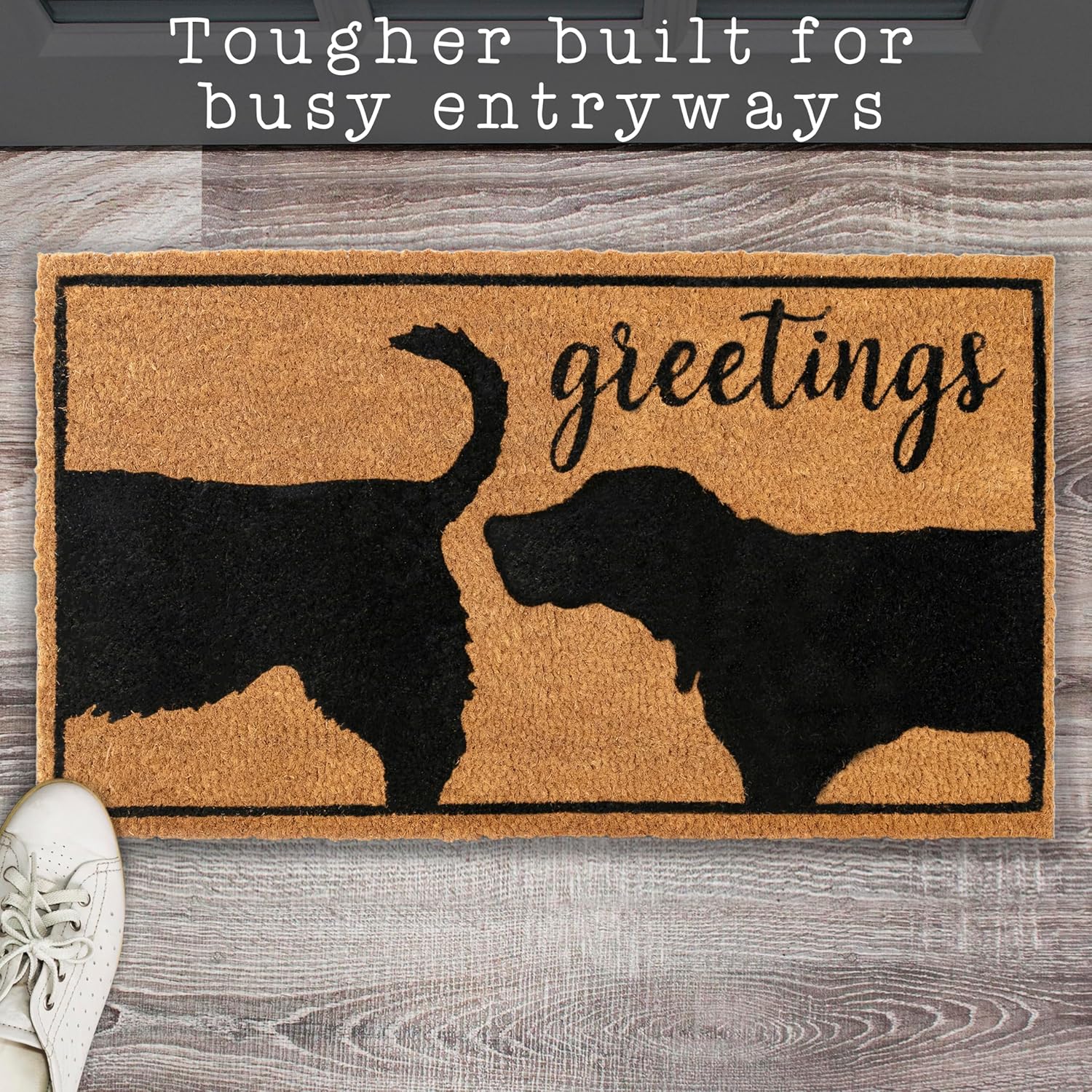 MAINEVENT Funny Dog Greetings Welcome Mat for Front Door, 30x17 Inch, Dog Mat for Covered Outdoor Area, Puppy Doormat w/Non-Slip PVC Backing