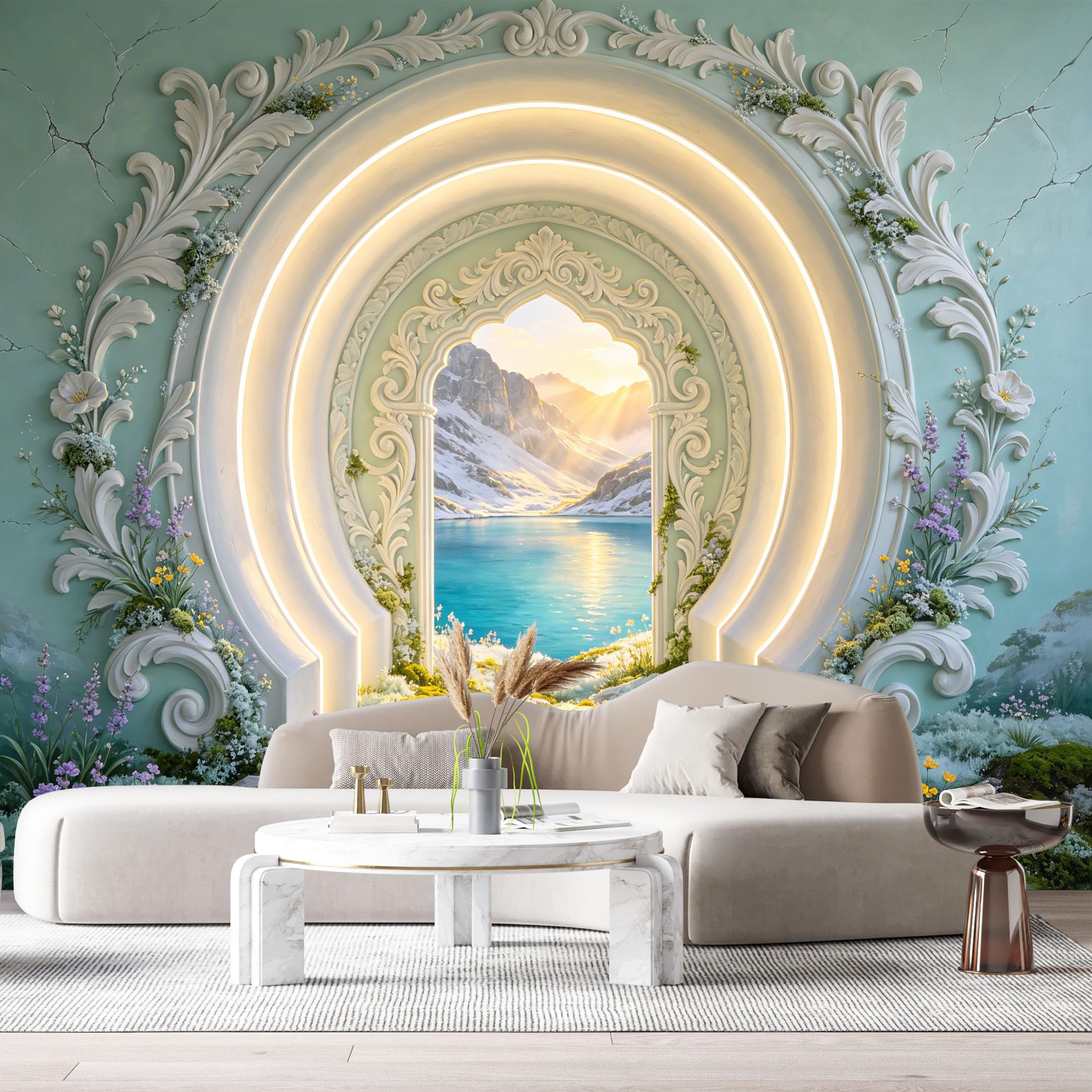 Custom Size Wall Murals Surreal Archway Mountain Lake Landscape 3D Trompe L'Oeil SelfAdhesiveWall Fabric Removable Wallpaper Wall Decor for Living Room Bedroom Bathroom