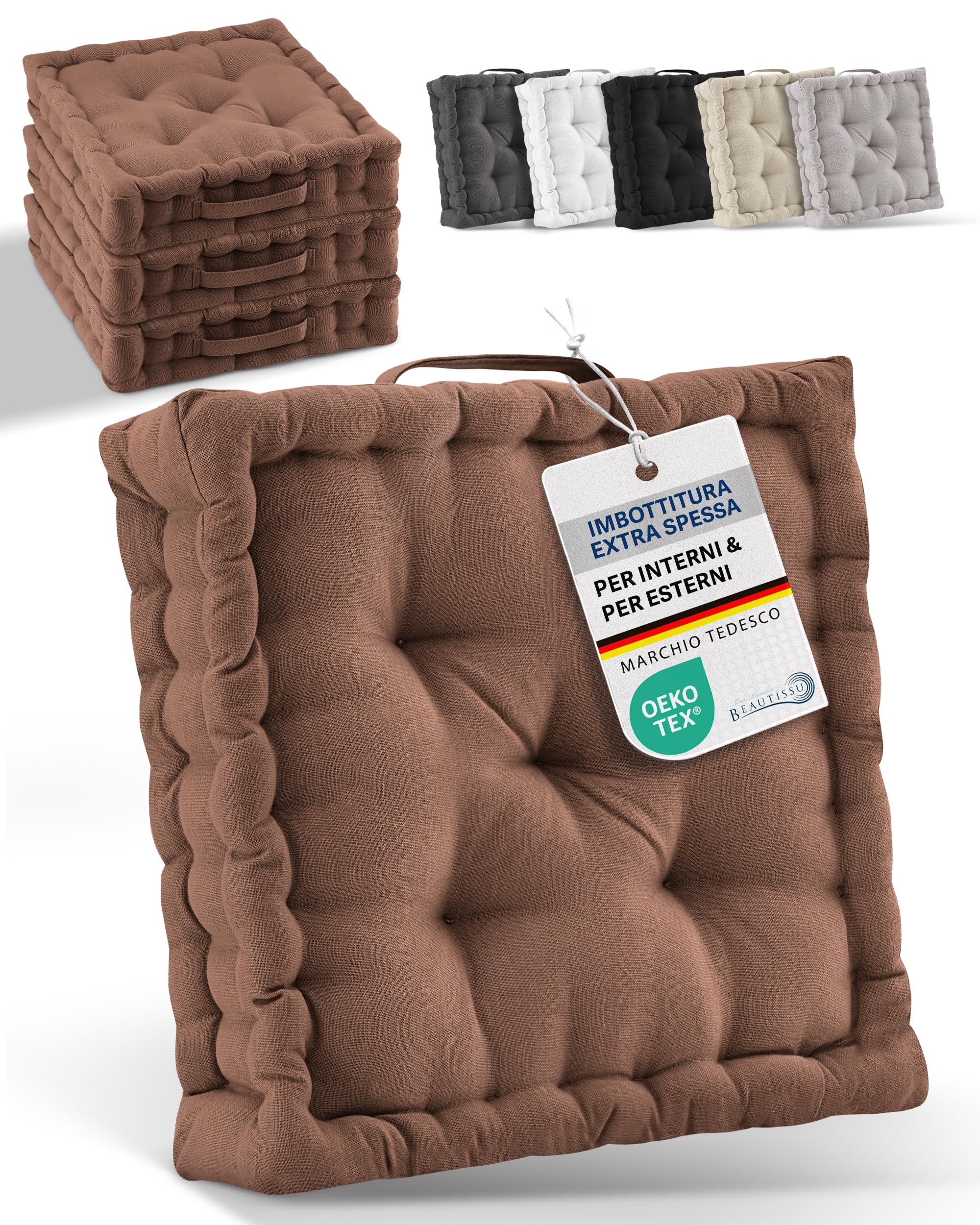 Beautissu set di 4 cuscini da pavimento in 100% cotone con maniglia spesso | 50x50cm 10cm marrone materasso per sedia da interno ed esterno cuscino seduta trapuntato Mila